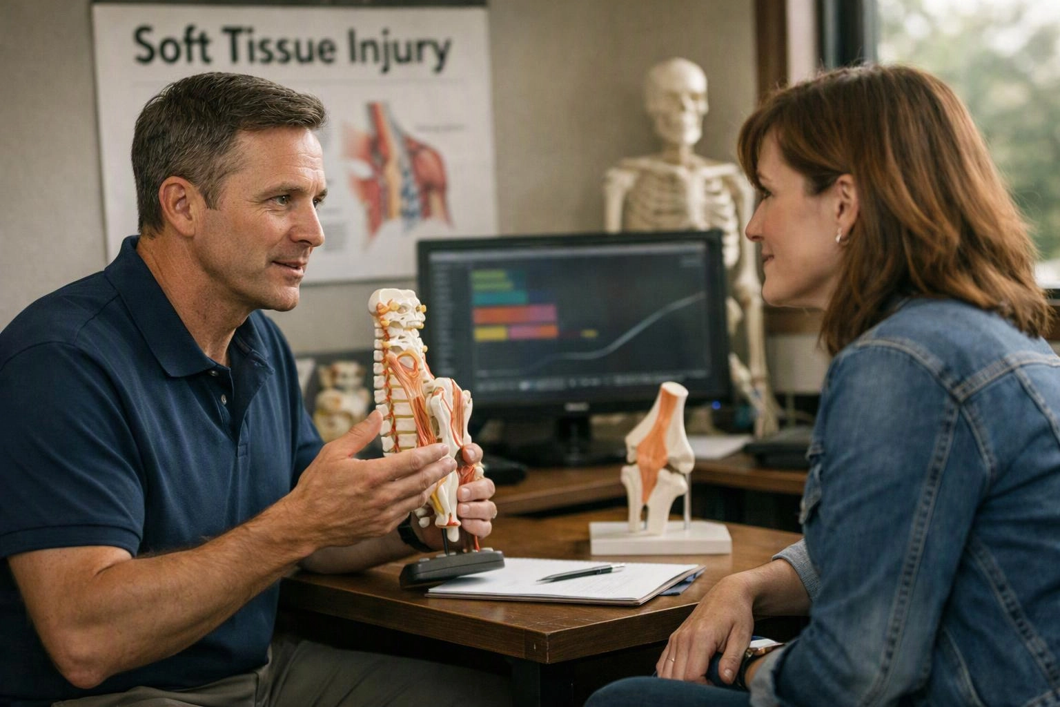 A man explains a spine model to a woman in a clinic office with anatomy posters and a computer monitor