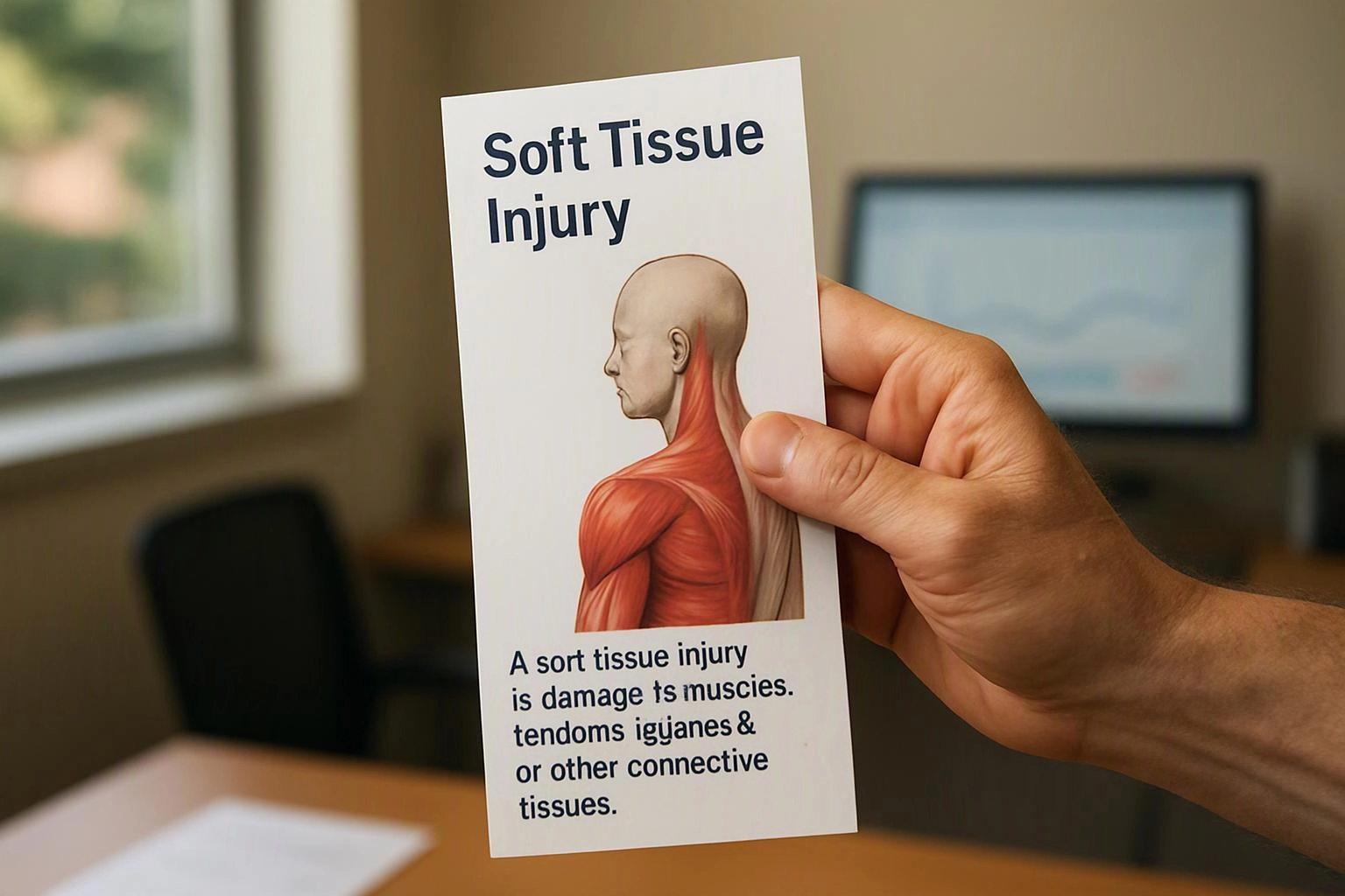 A hand holds a brochure about soft tissue injury in a blurred office setting