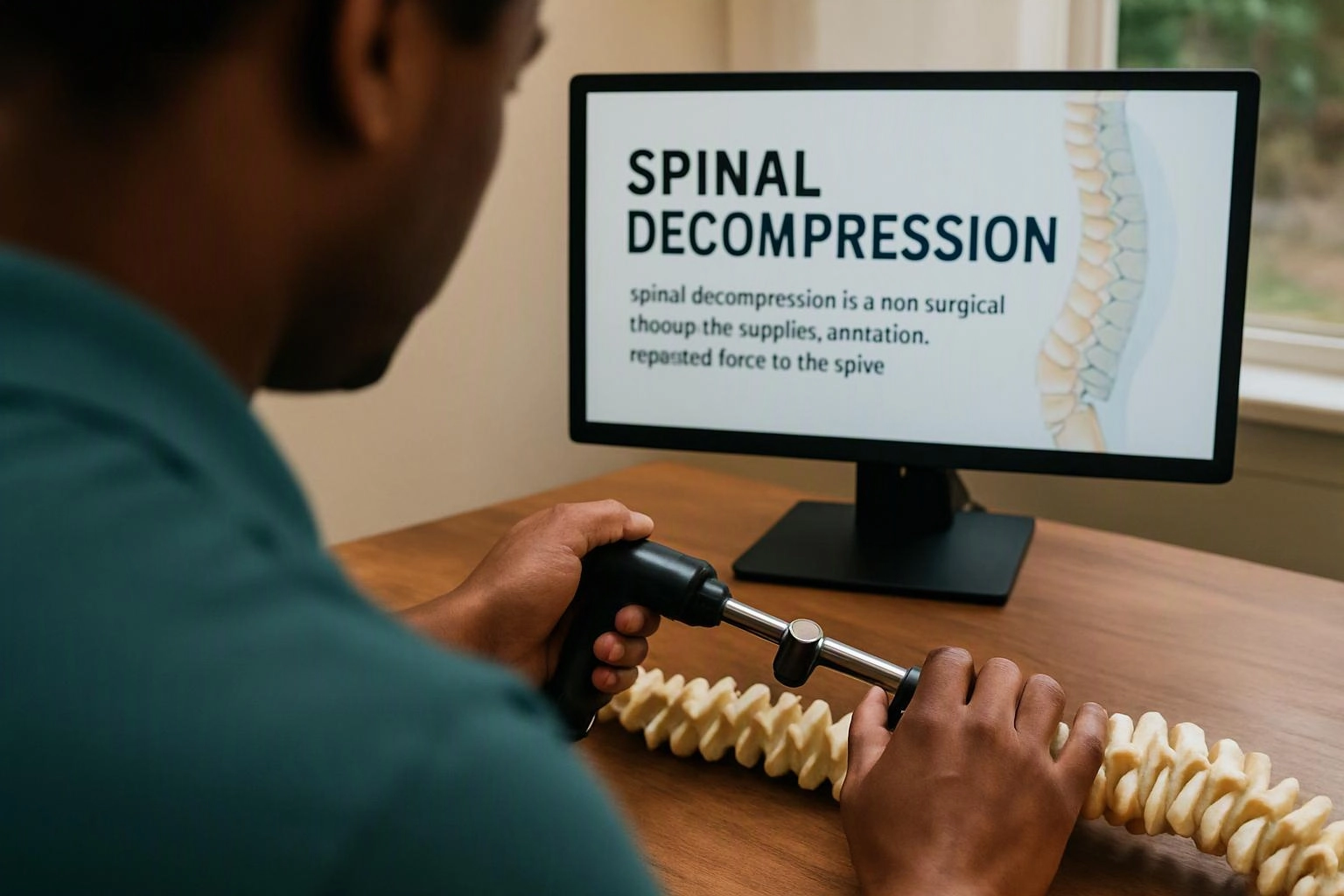 A man examines a spine model with a metal tool while a monitor shows “SPINAL DECOMPRESSION”