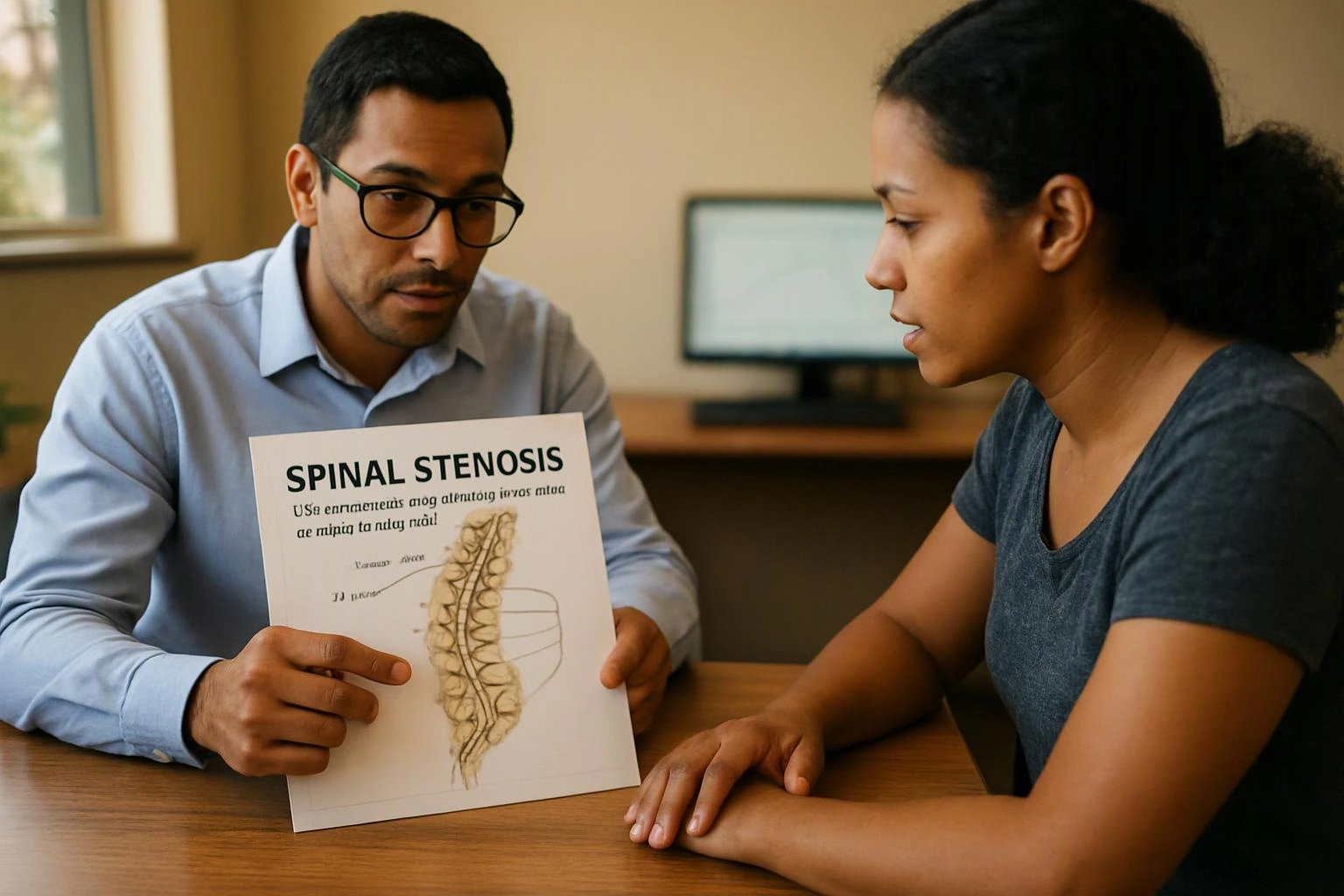 A man shows a woman a spinal stenosis diagram during a quiet office conversation