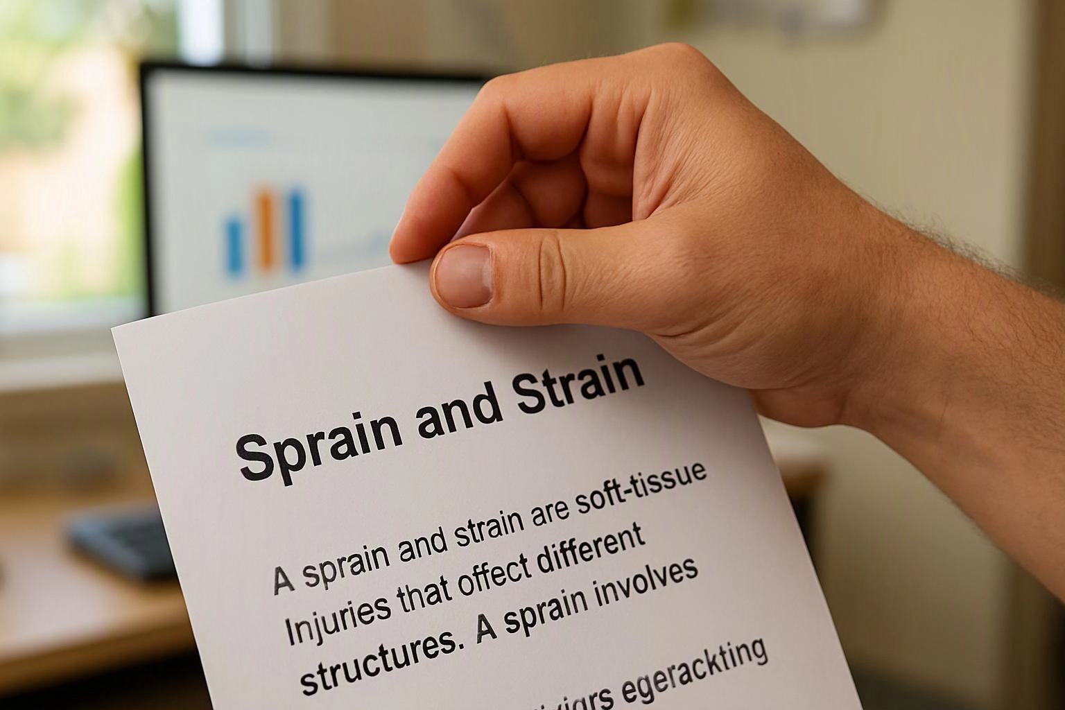 A hand holds a paper titled “Sprain and Strain” in front of a blurred computer screen with charts
