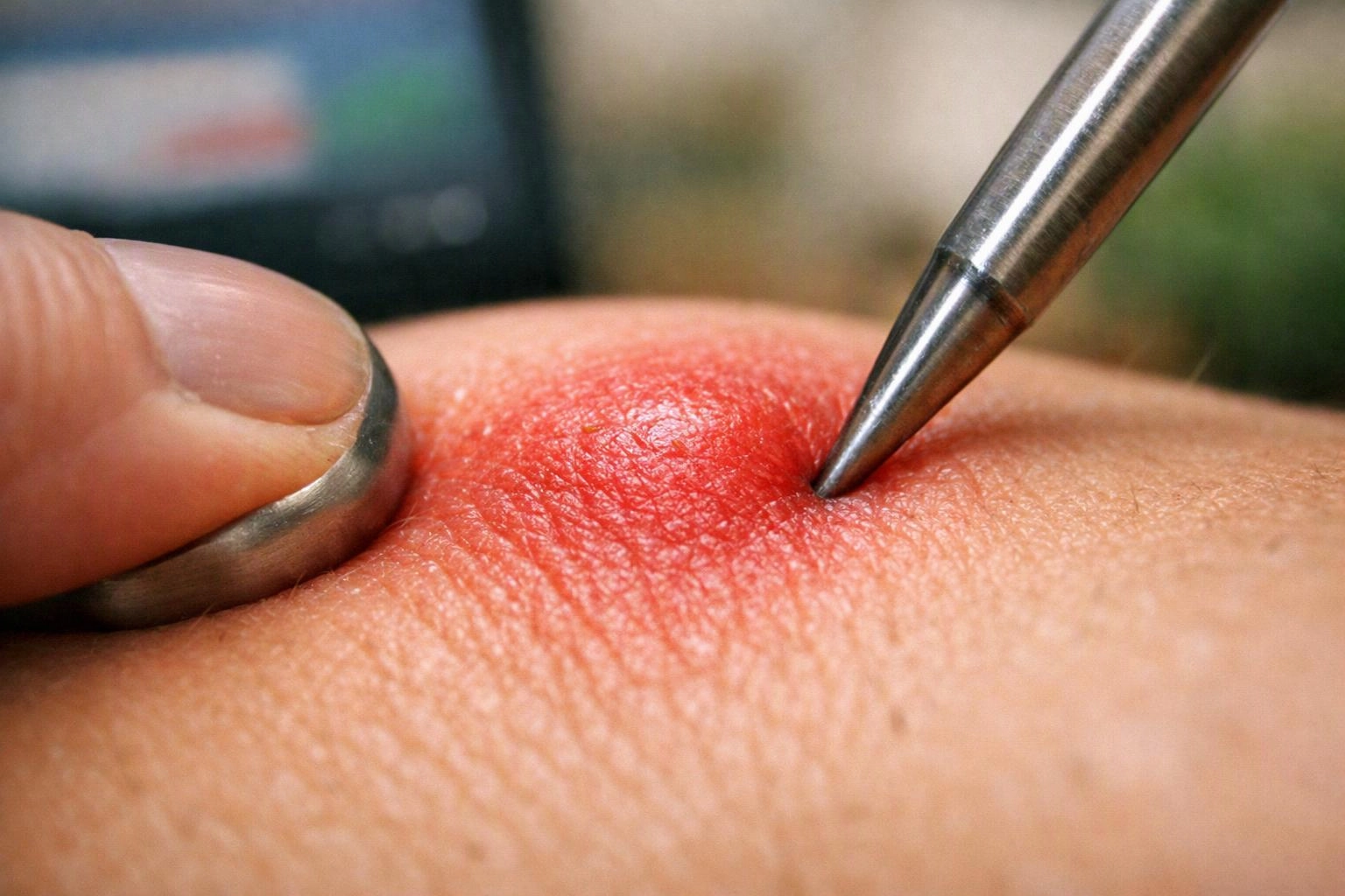 A close-up shows a metal needle touching red, irritated skin while a finger holds it steady