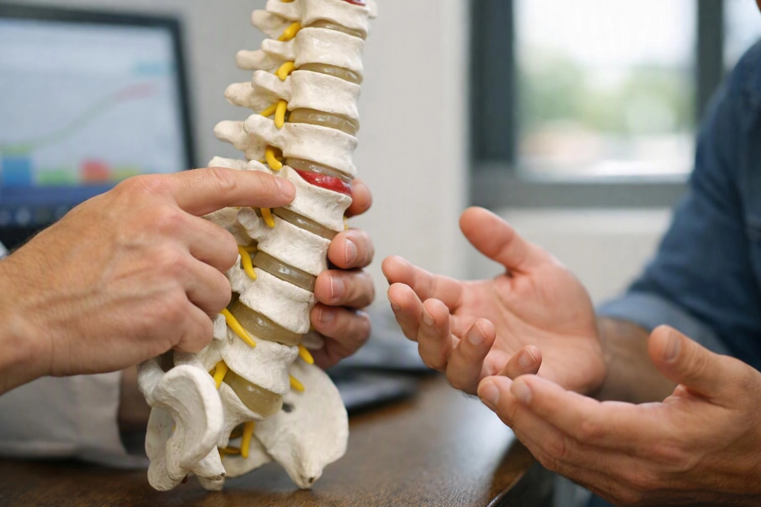 Hands point to a spine model on a desk in a bright office