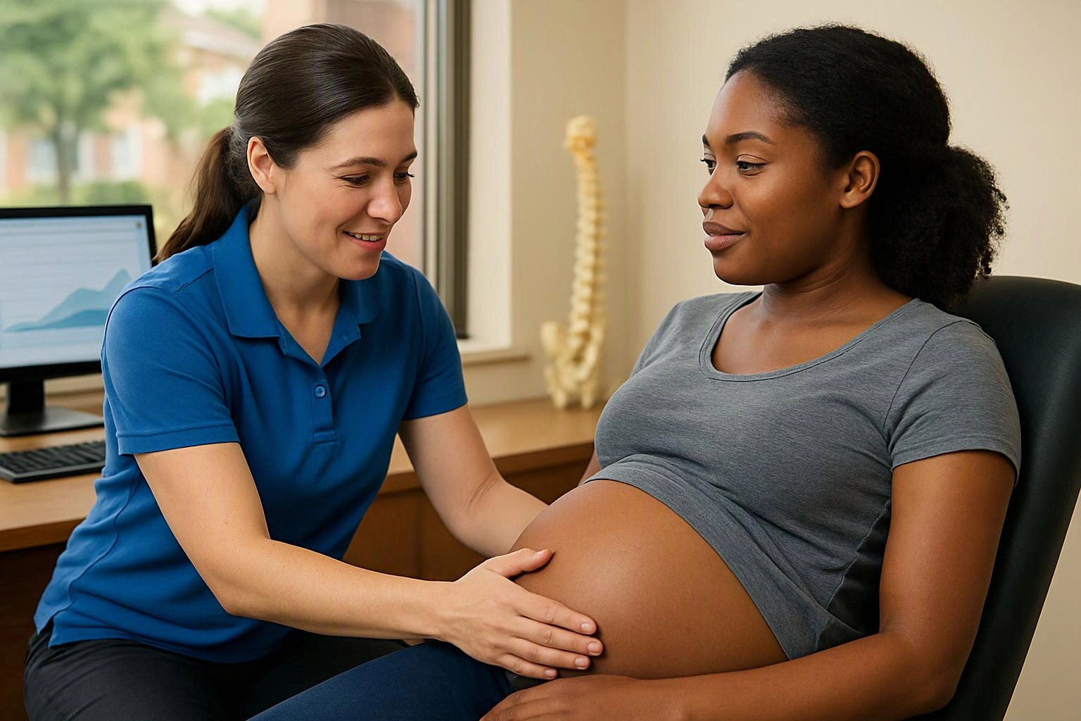 A clinician in a blue shirt gently examines a pregnant woman’s belly in a bright office