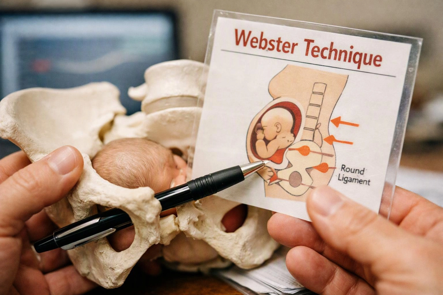 Hands hold a pelvis bone model, a pen, and a medical diagram labeled “Webster Technique” with a fetus illustration