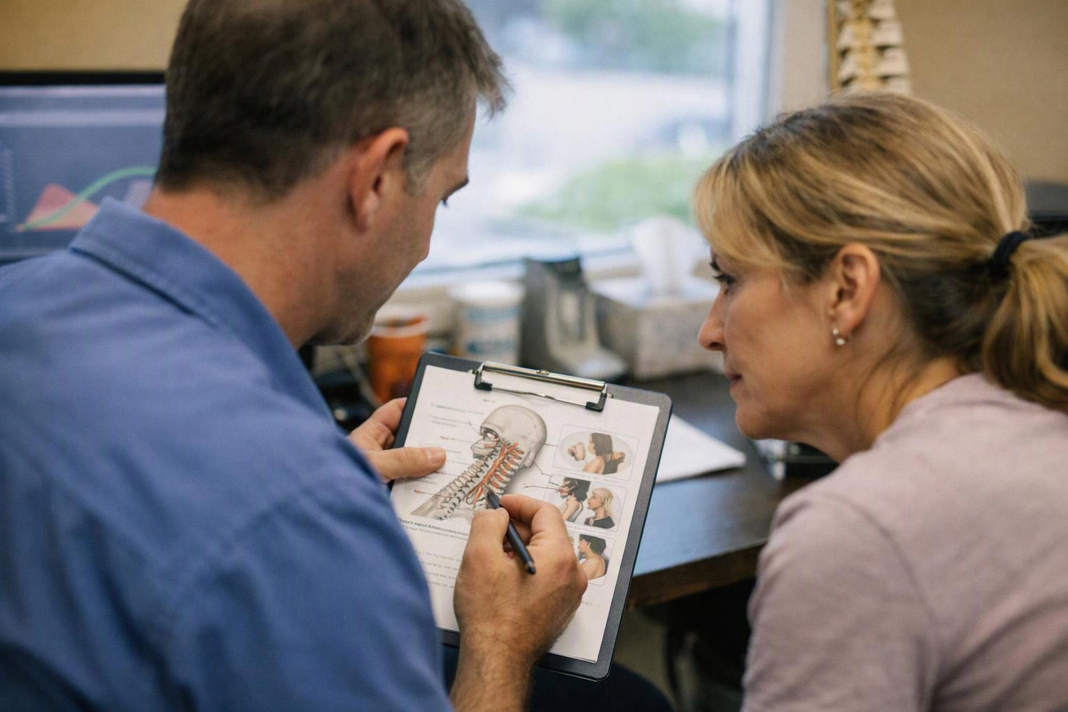 A man shows a woman a clipboard with a spine diagram in an office setting