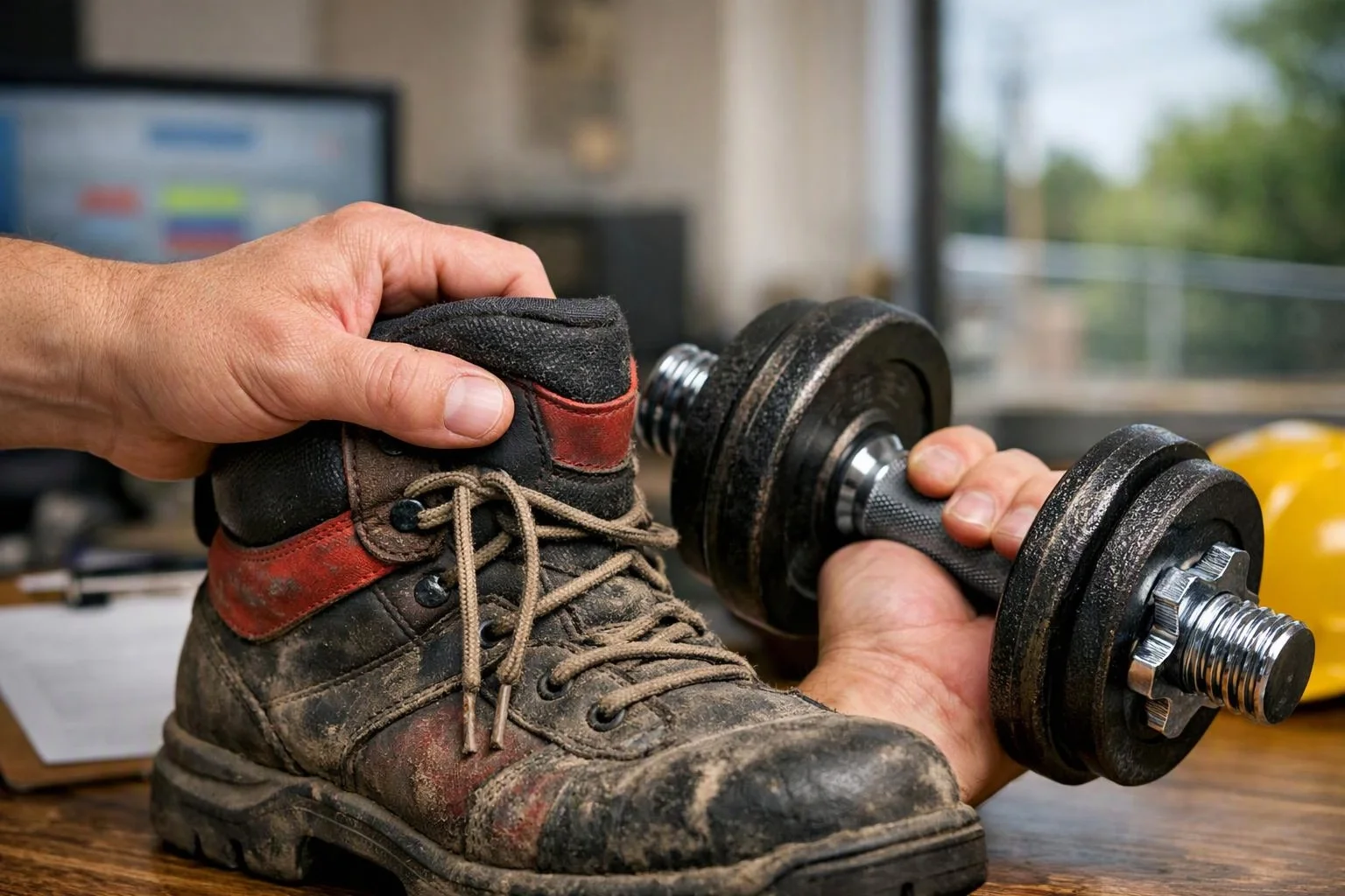 Hands hold a dirty work boot and a dumbbell on a wooden table in a blurred room