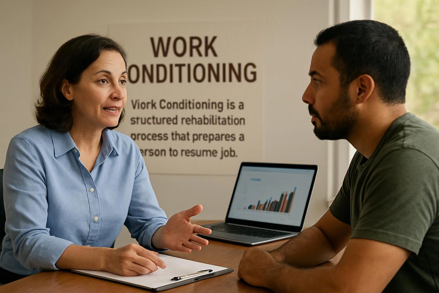 A woman speaks with a seated man across a table, with a laptop and work conditioning sign behind them
