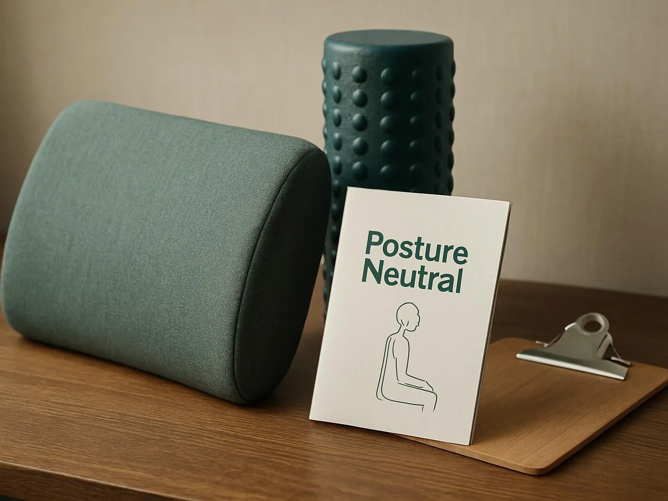 A green cushion, textured foam roller, and a “Posture Neutral” card sit on a wooden desk