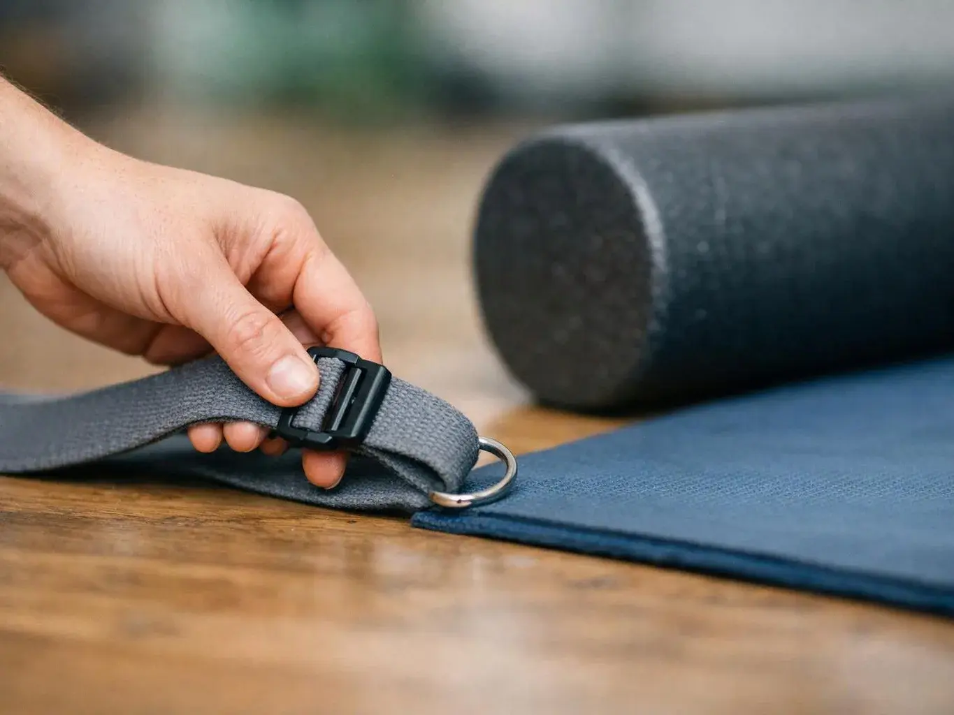 A hand adjusts a gray strap on a yoga mat beside a rolled mat on a wooden floor