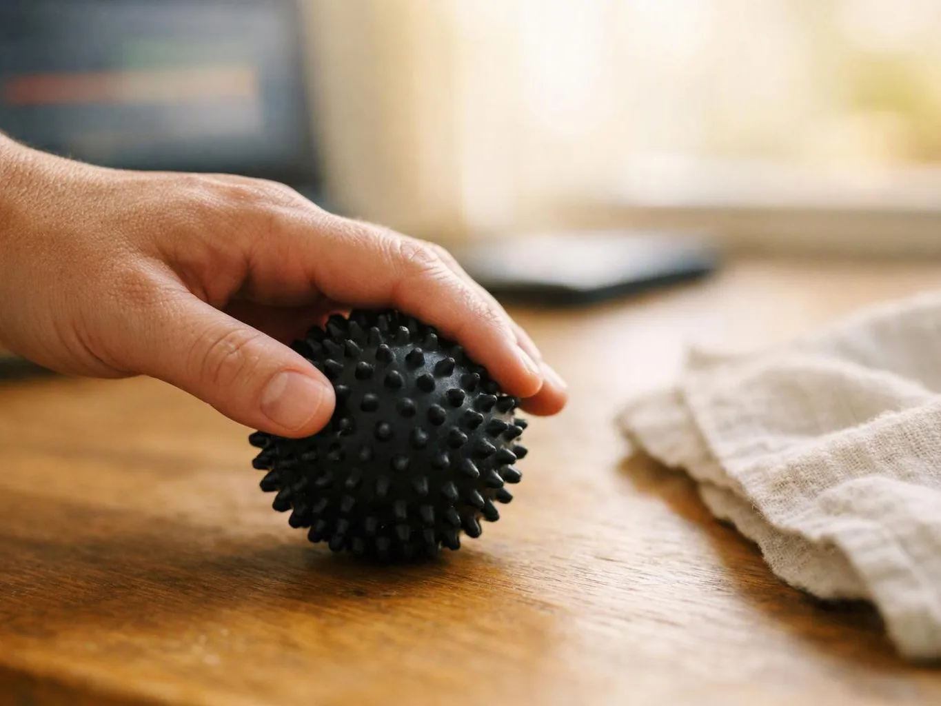 A hand holds a black spiky massage ball on a wooden table beside a folded cloth