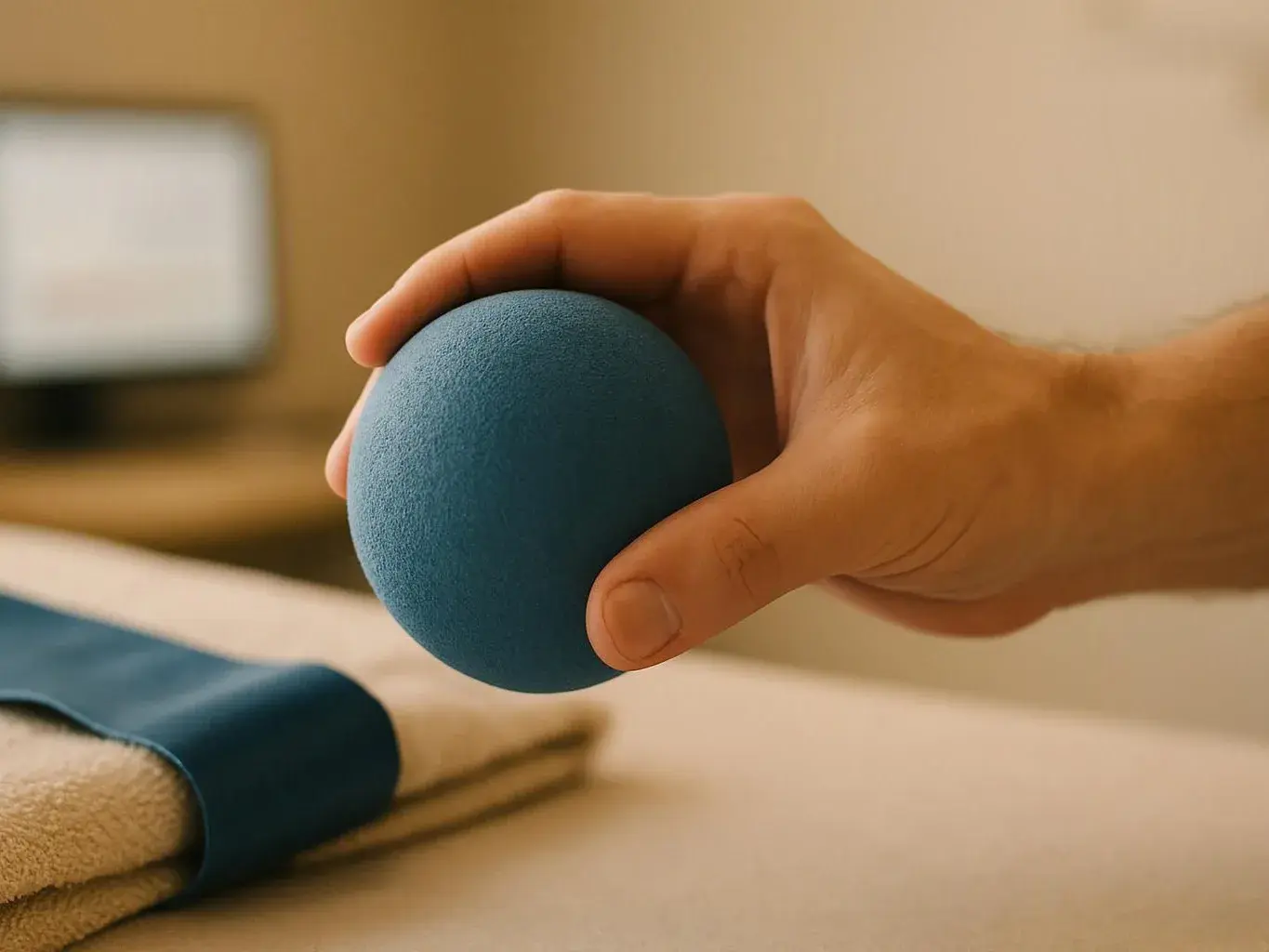 A hand holds a blue textured ball above folded towels on a table