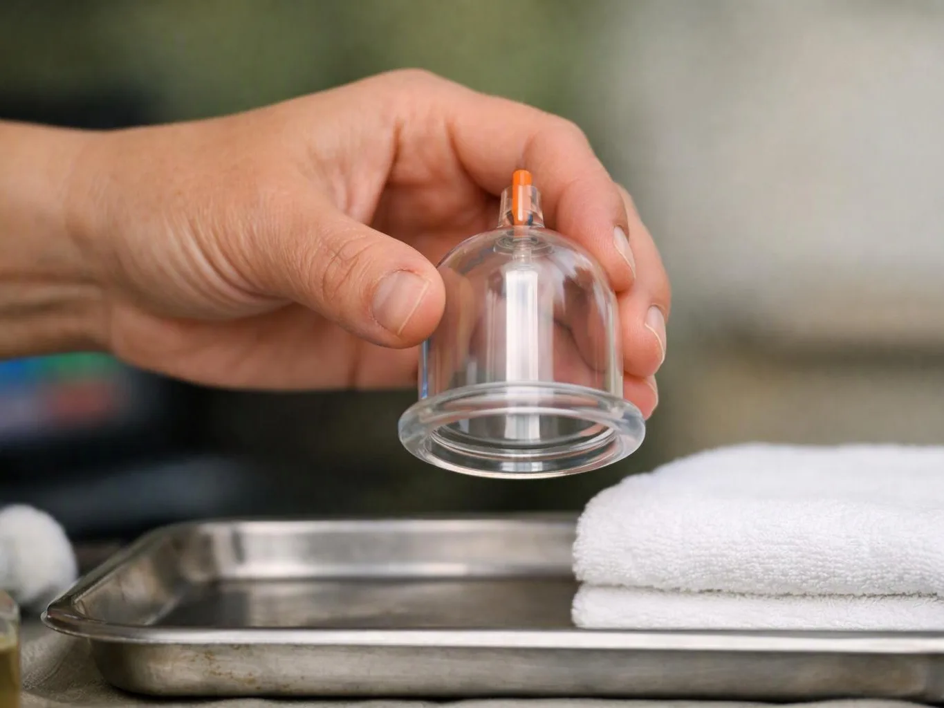 A hand holds a clear suction cup above a metal tray with folded white towels