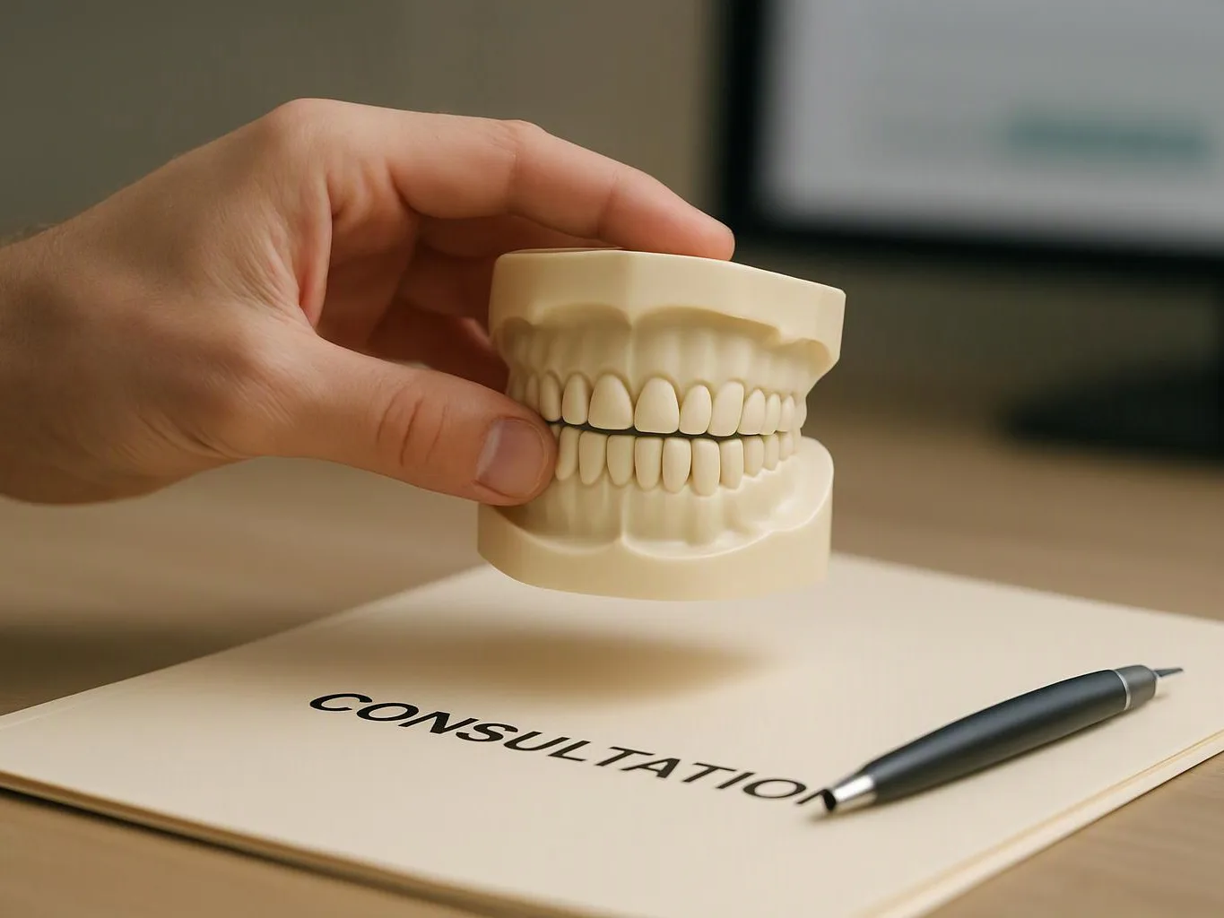 A hand holds a dental model above a consultation folder beside a pen