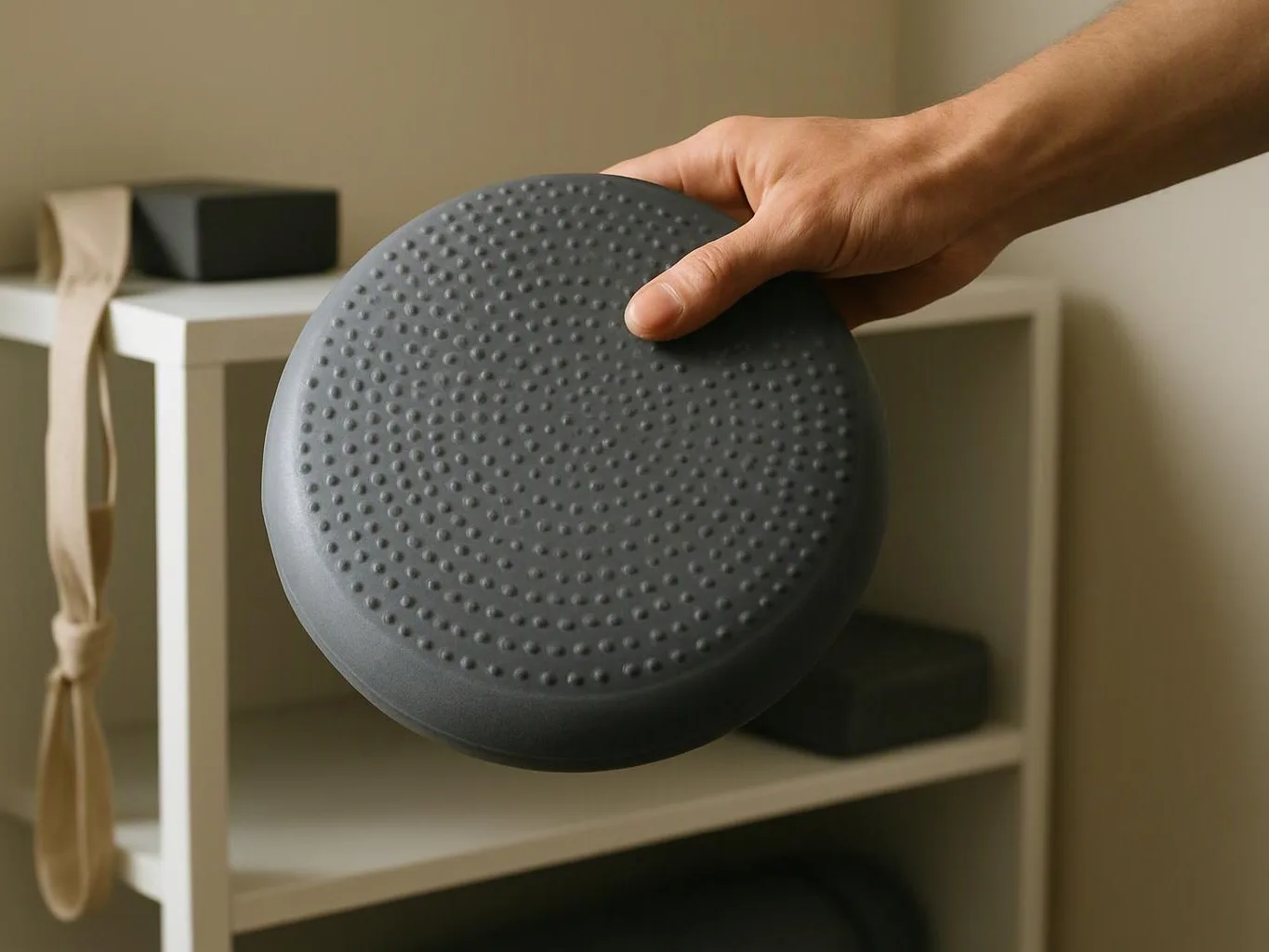 A hand holds a gray textured balance cushion in front of a white shelf with exercise items