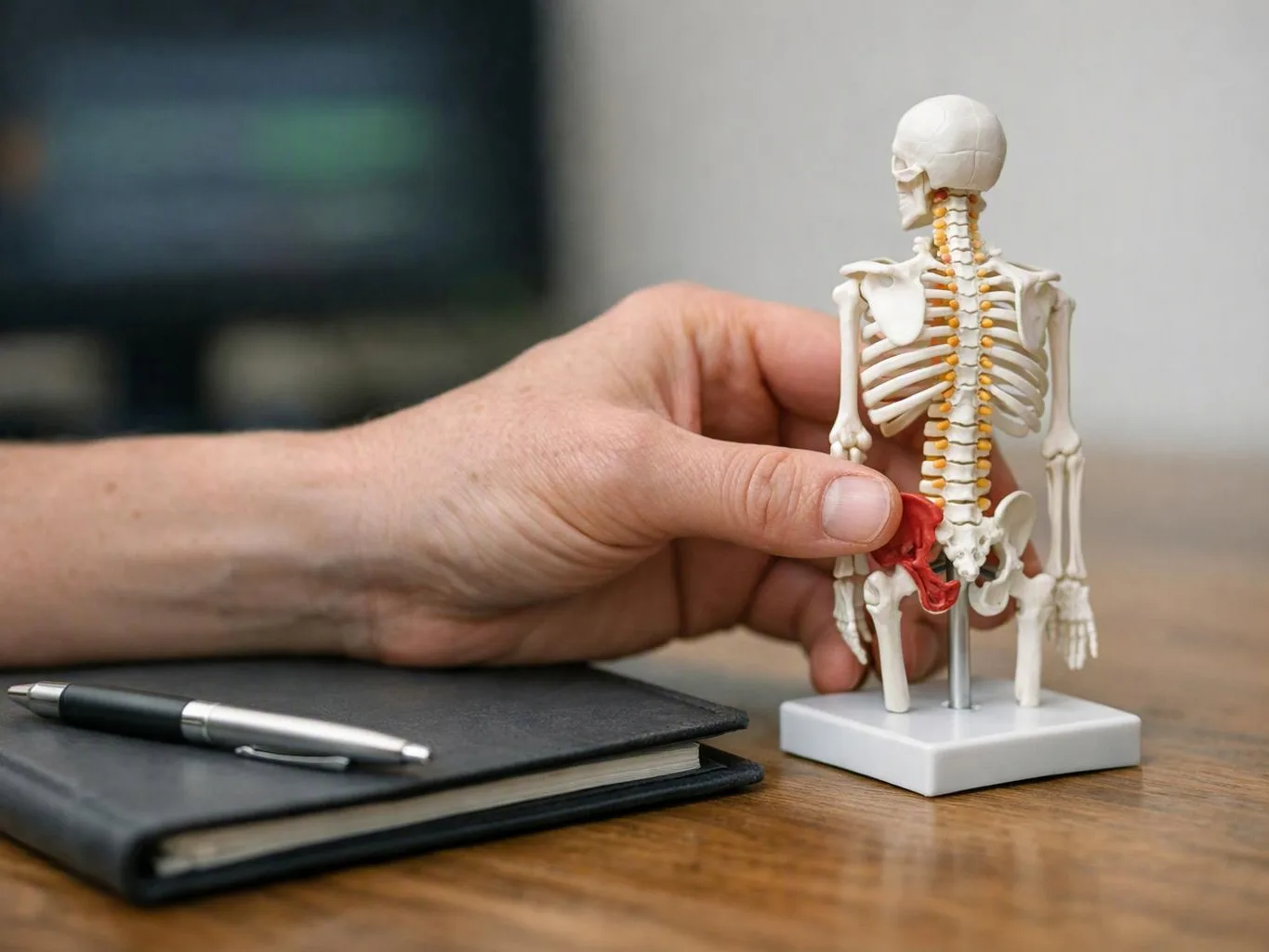 A hand holds a small skeleton model beside a notebook and pen on a wooden table