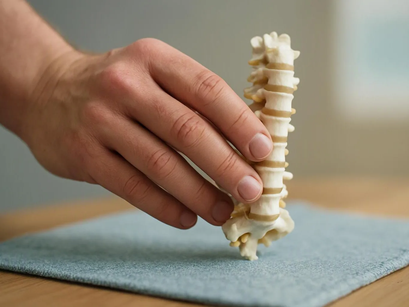 A hand holds a small white spine model upright above a blue cloth on a wooden table