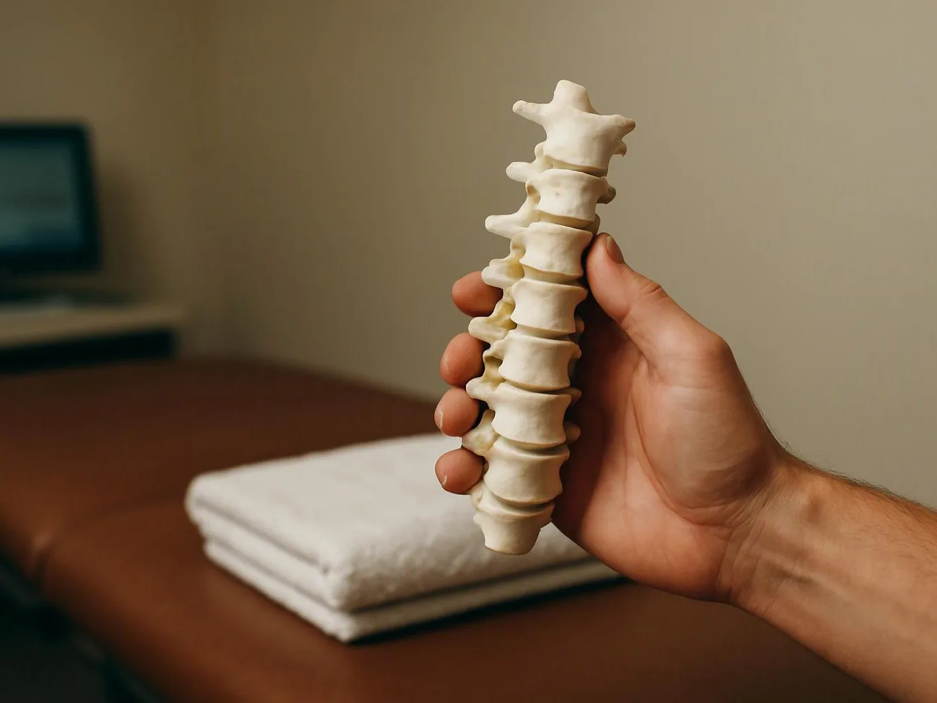 A hand holds a white plastic spine model above a folded towel on a table