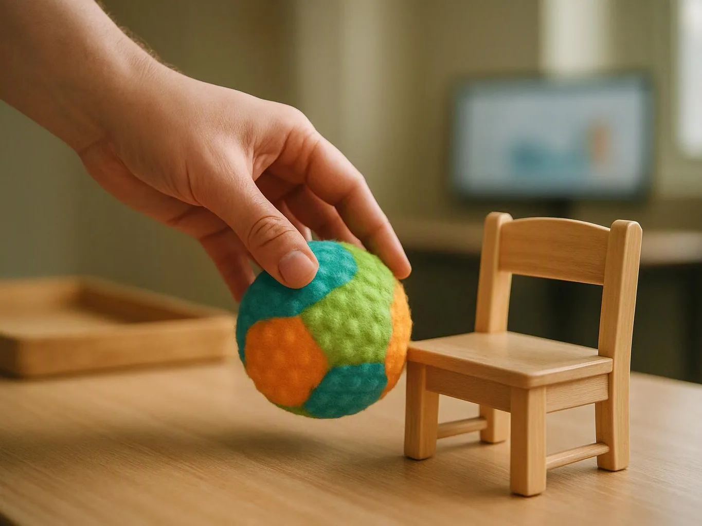 A hand places a colorful felt ball beside a tiny wooden chair on a table