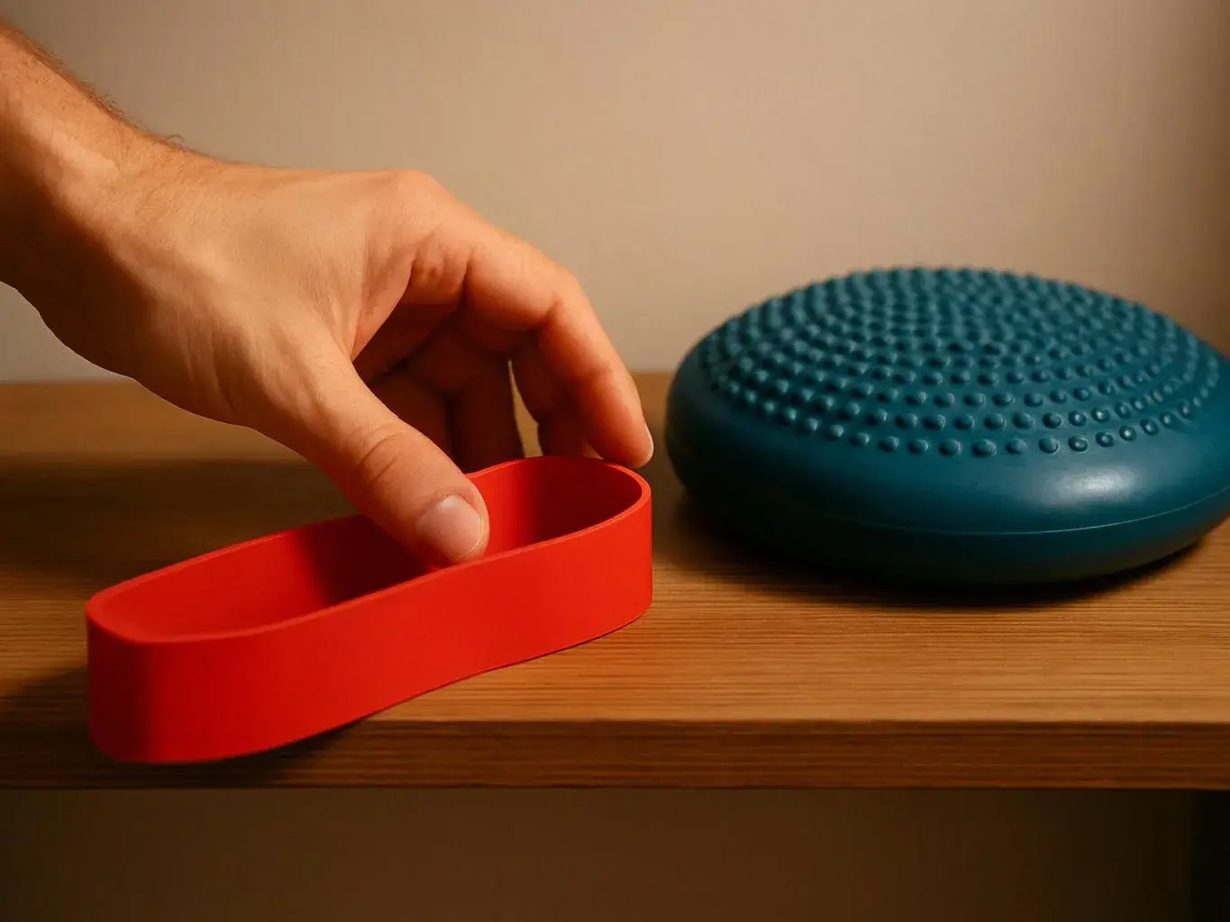 A hand places a red silicone loop beside a blue textured balance cushion on a wooden table