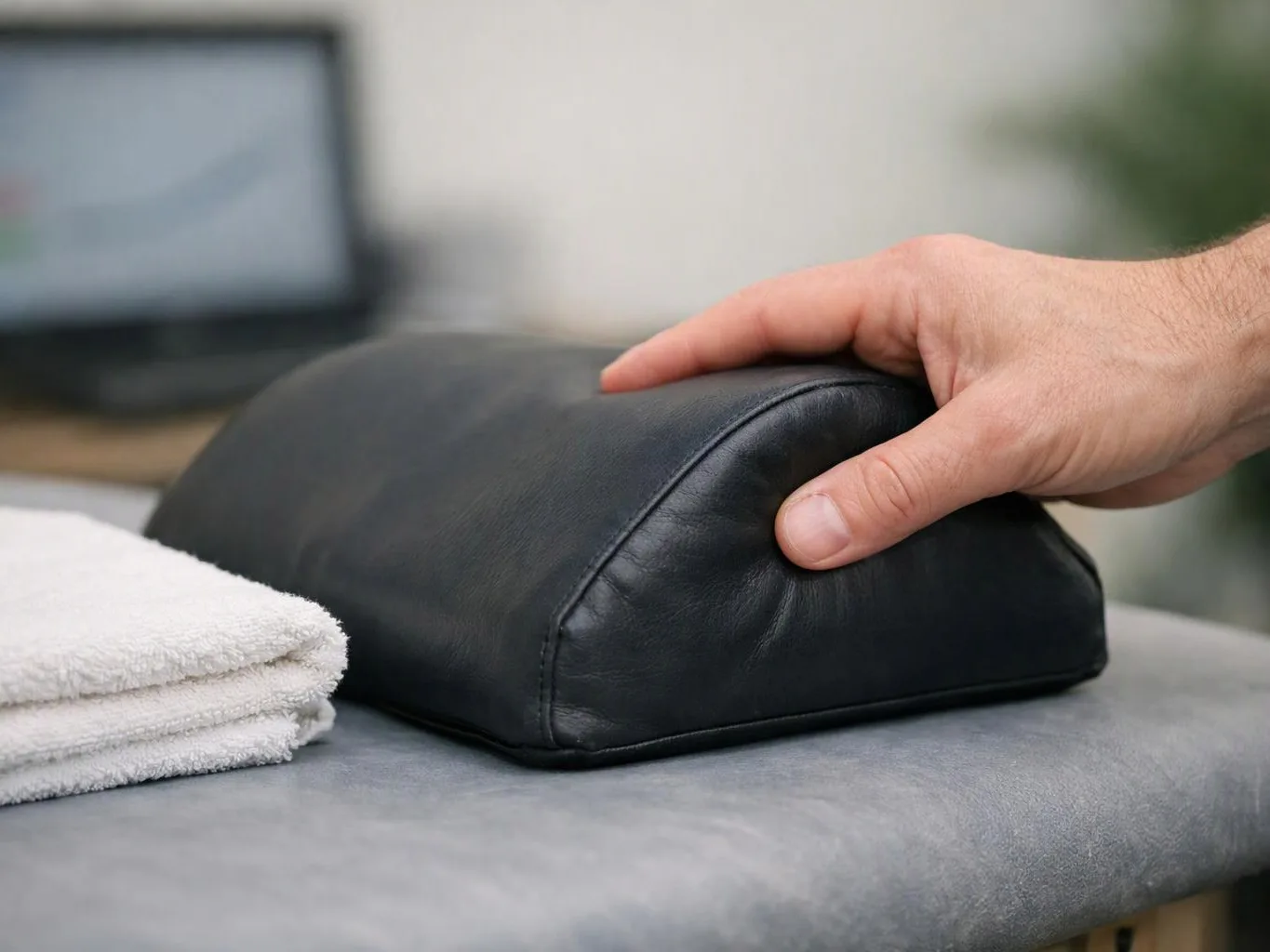 A hand presses a black leather cushion beside folded white towels on a padded table