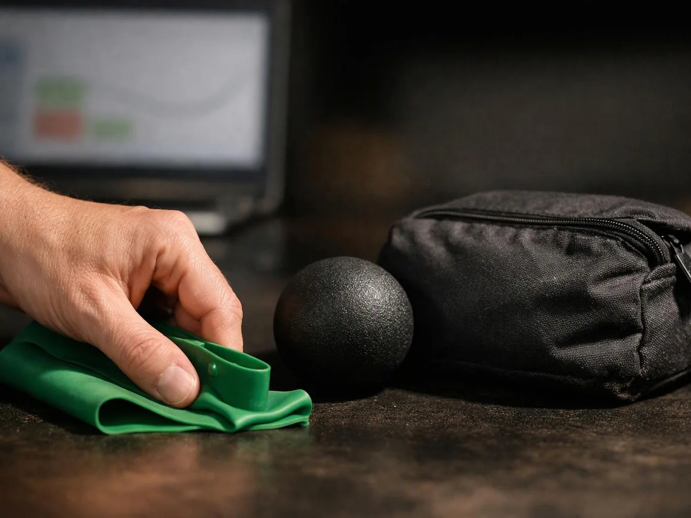 A hand presses a green resistance band beside a black massage ball and zippered pouch on a table