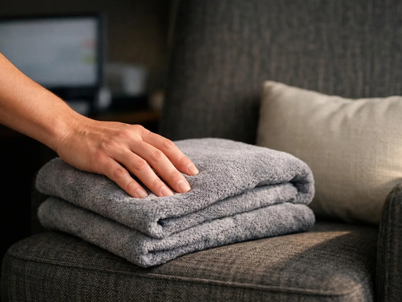 A hand rests on folded gray towels on a sofa beside a light pillow