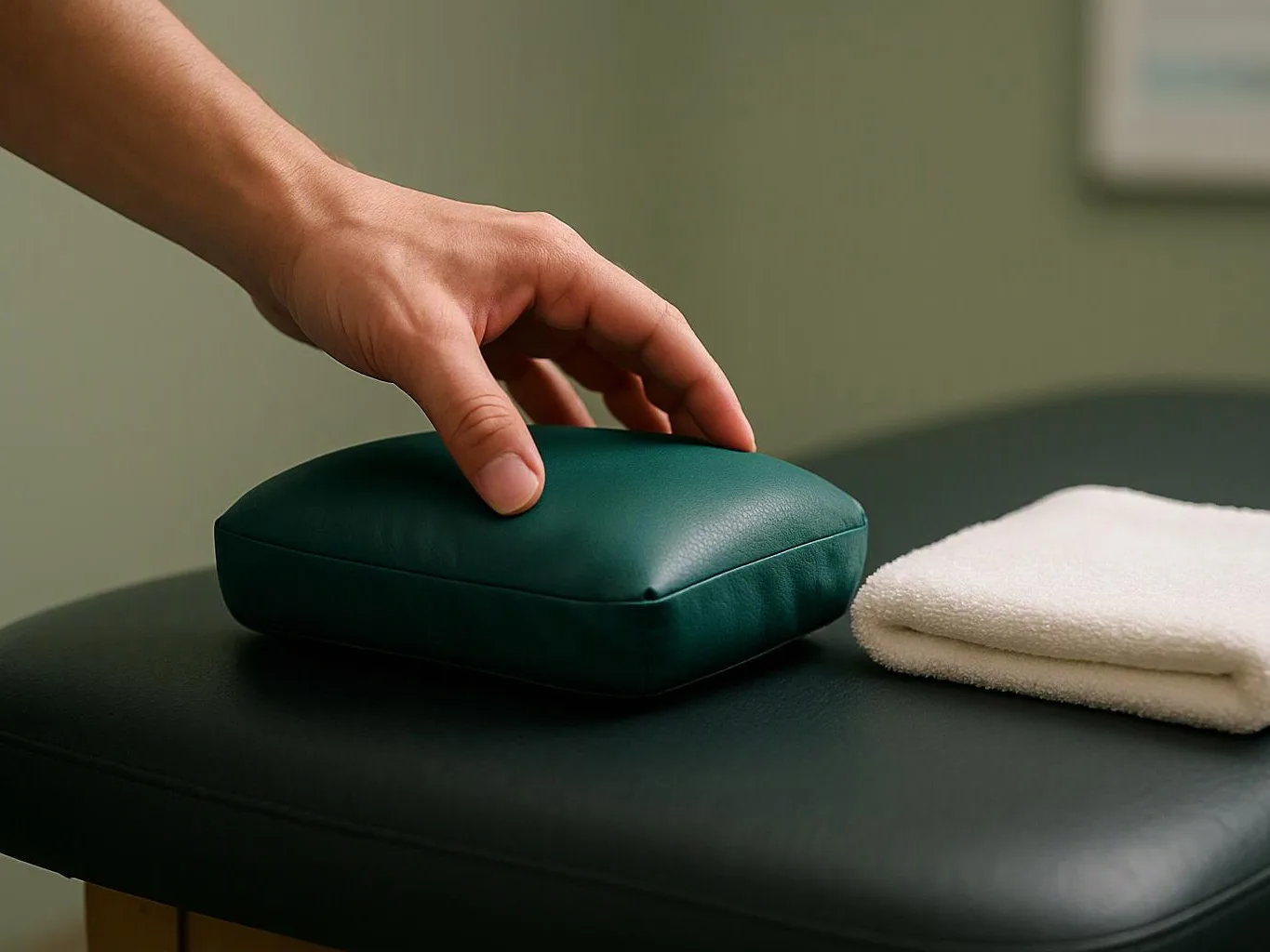 A hand touches a green cushion beside a folded white towel on a black table