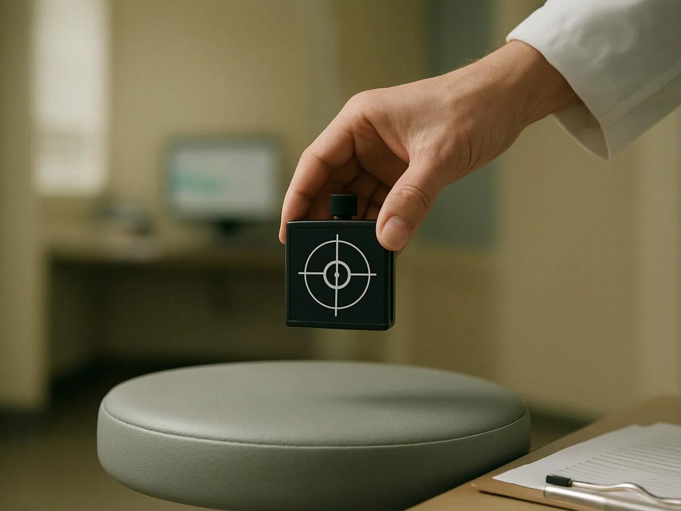 A hand in a white sleeve holds a black square device with a target symbol above a padded stool in a quiet room