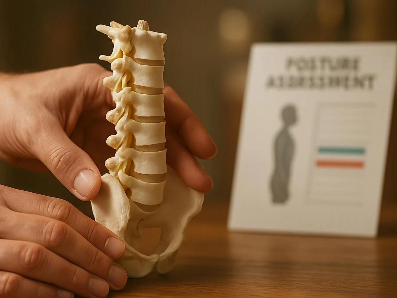 Hands hold a spine and pelvis model on a wooden table, with a blurred posture assessment chart behind it