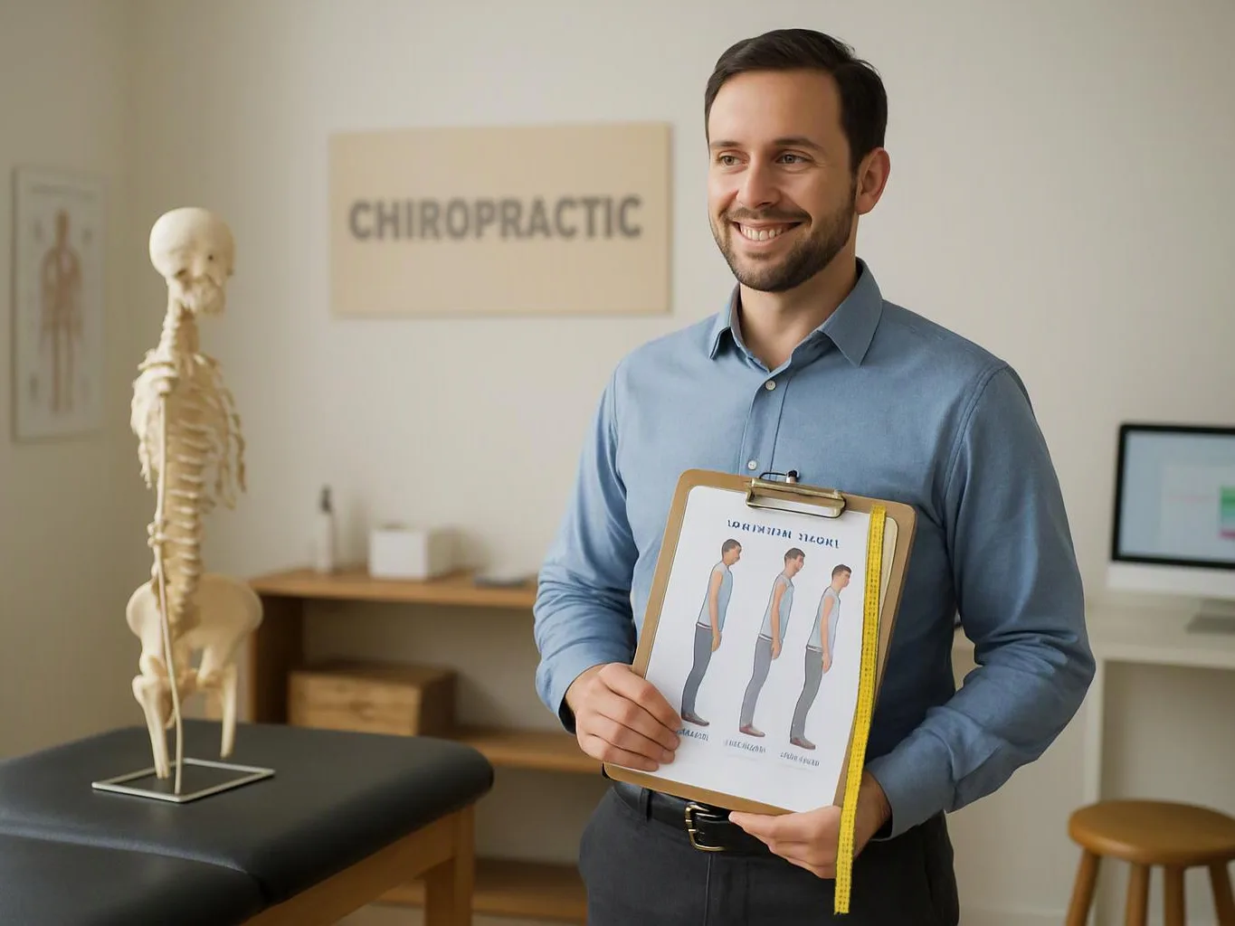 Smiling man holds a posture chart in a chiropractic exam room with a skeleton model and treatment table