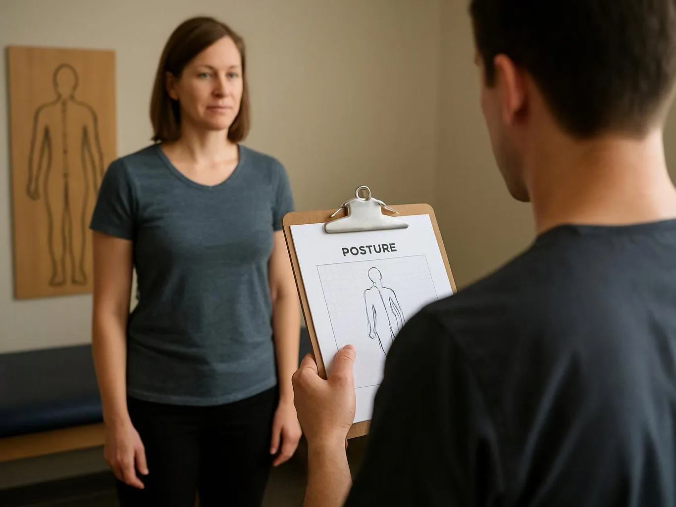 A therapist holds a posture clipboard while facing a woman standing in a treatment room