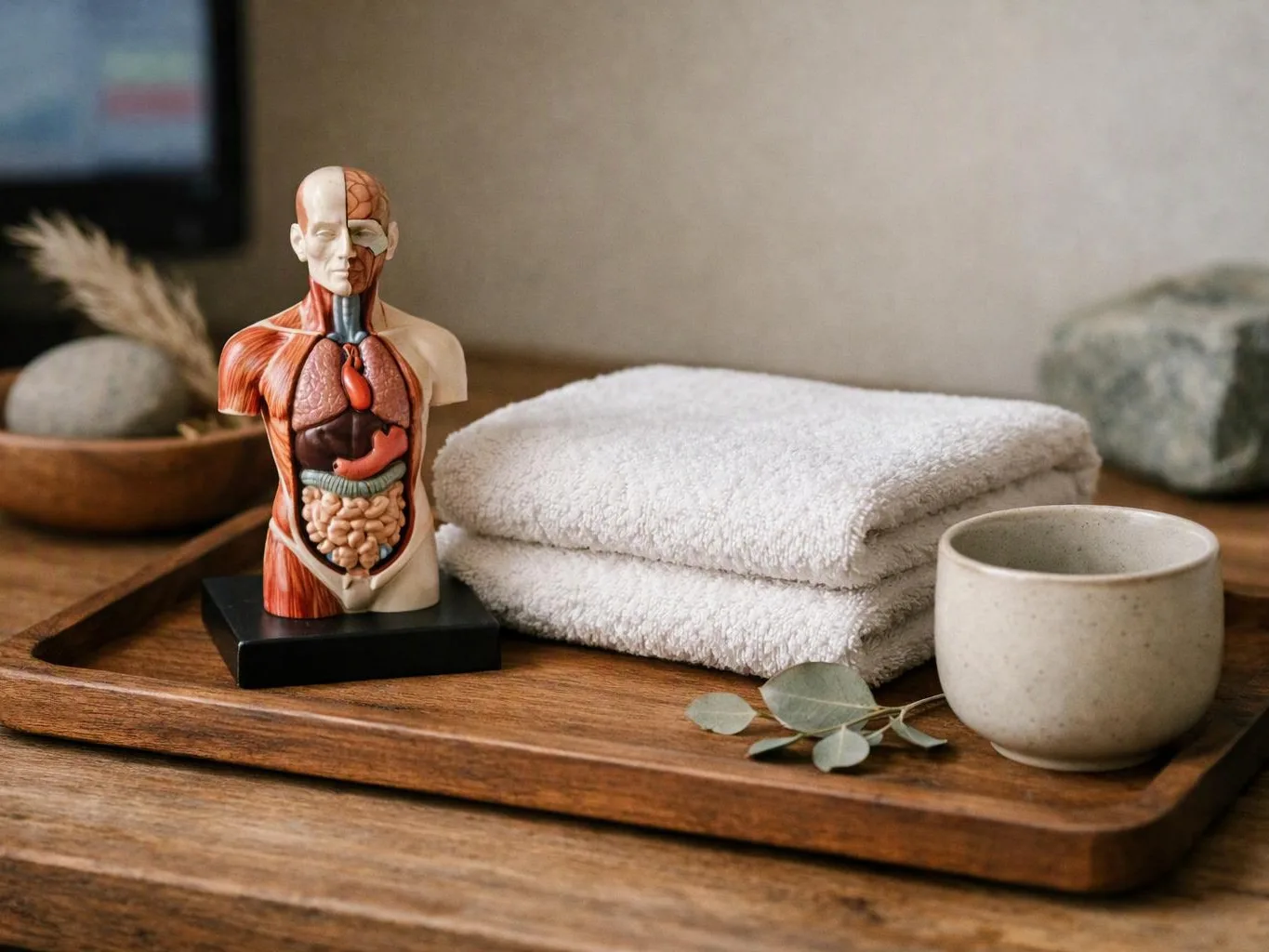 A human anatomy model sits beside folded white towels, a ceramic cup, and a wooden tray with spa decor