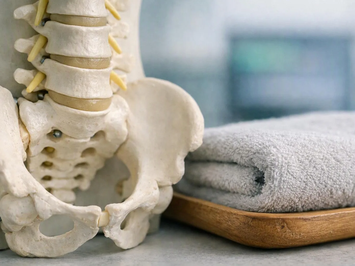 A human pelvis and lower spine model sits beside a rolled gray towel on a wooden tray