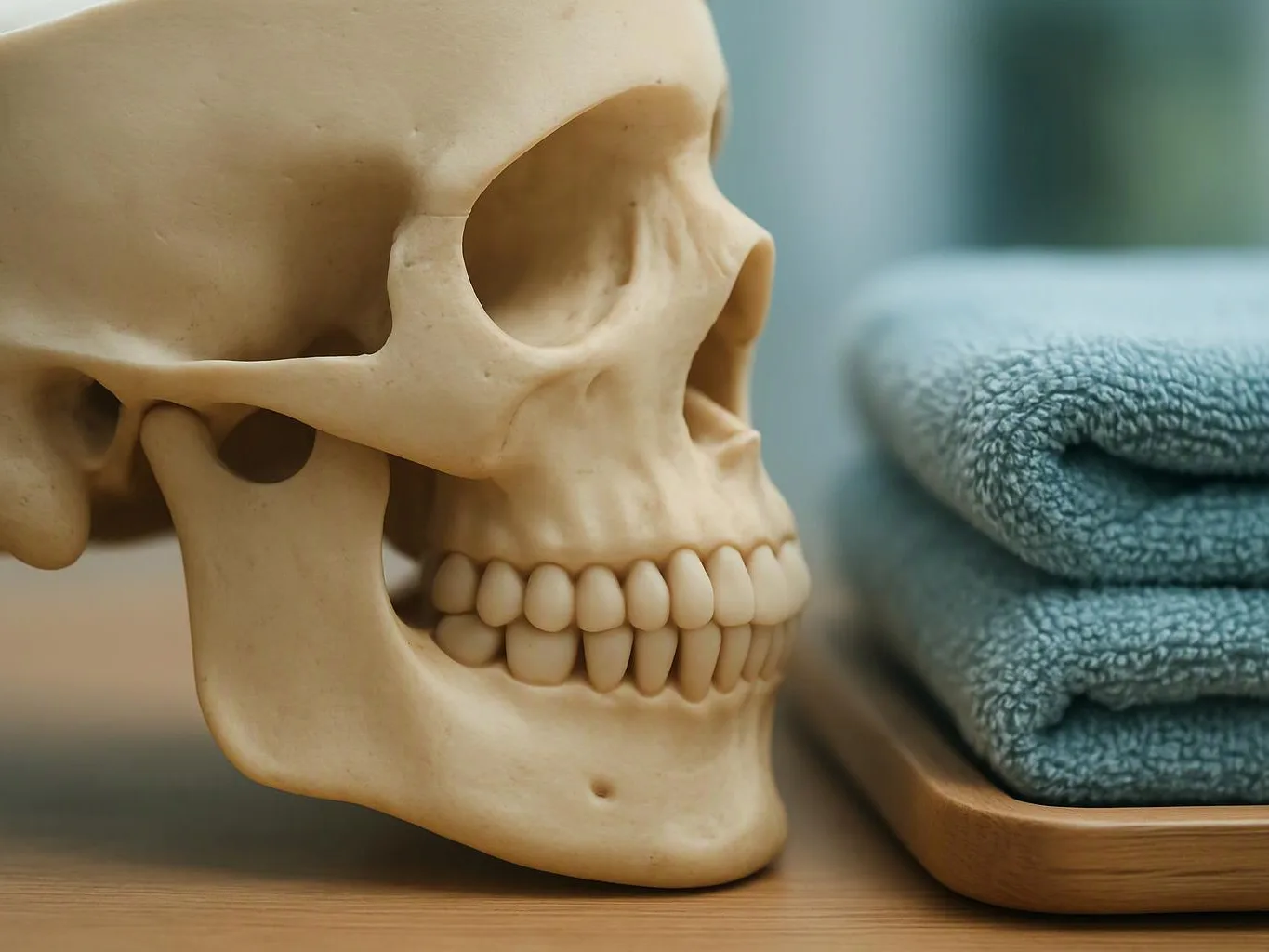 A human skull model sits beside folded blue towels on a wooden tray