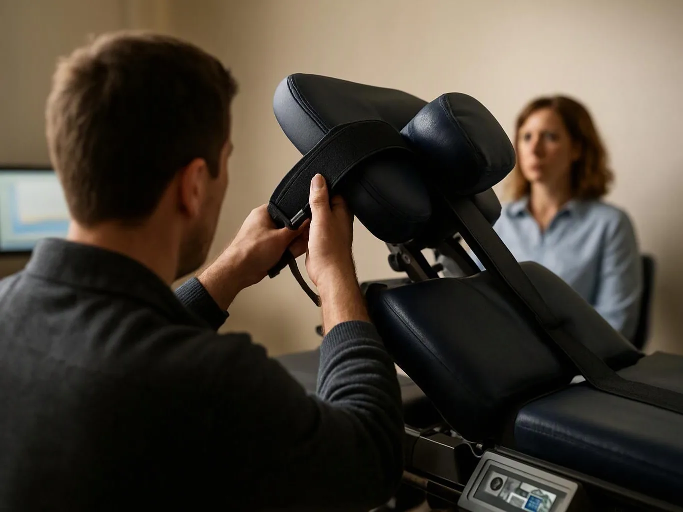 A man adjusts a black padded chair while a woman sits blurred in the background inside a clinic room
