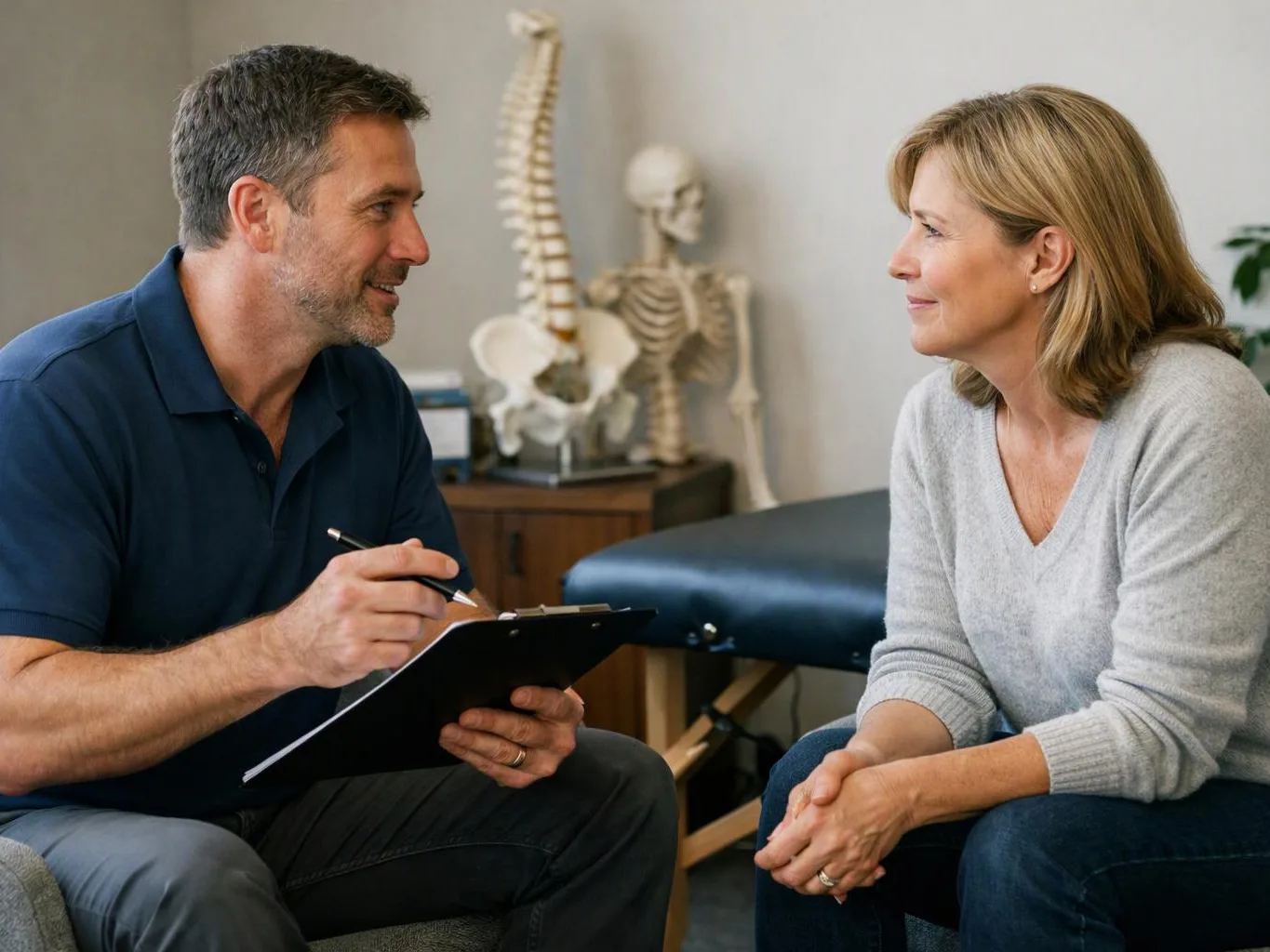A man with a clipboard talks to a smiling woman in a medical exam room with a skeleton model behind them