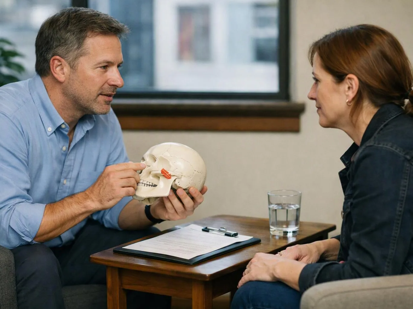 A man explains a skull model to a seated woman beside a clipboard and glass of water