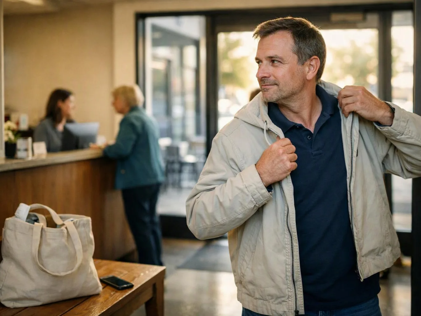 A man in a light jacket adjusts it near a café counter, with a tote bag on a wooden table