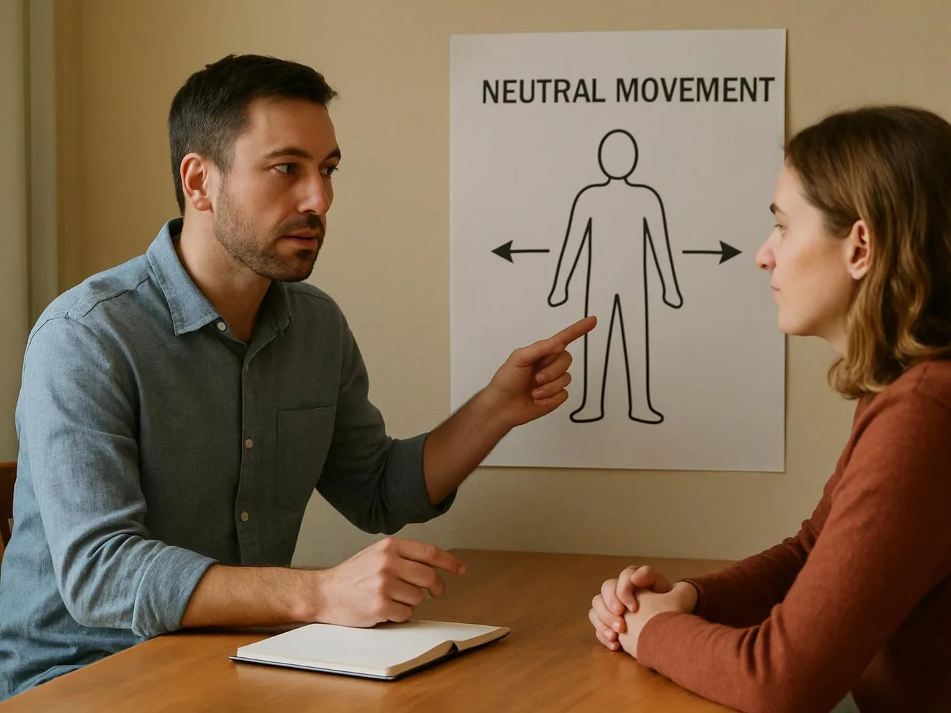 A man points at a body diagram while speaking across a table to a woman in a simple room