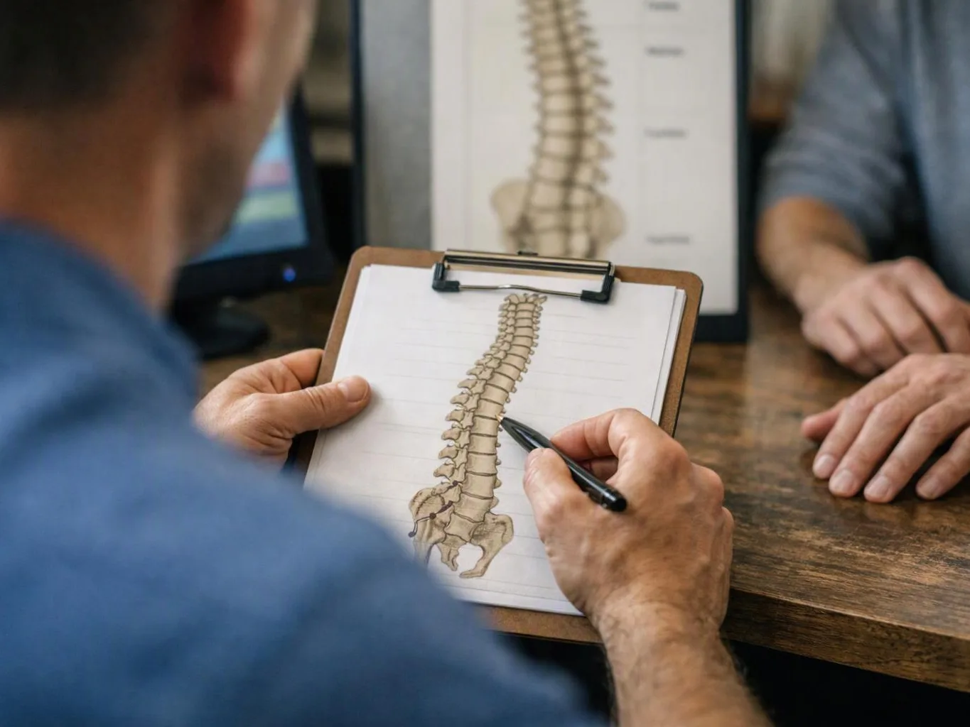 A man points at a spine drawing on a clipboard while seated at a table with another person nearby