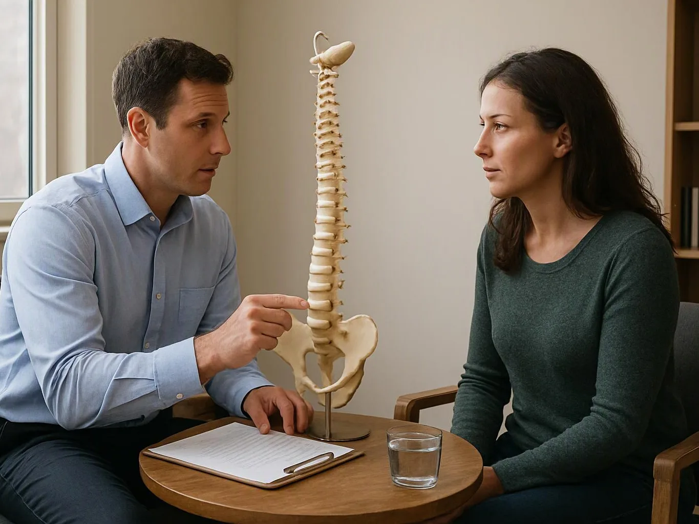 A man points at a spine model while talking to a woman seated at a small table in a clinic room