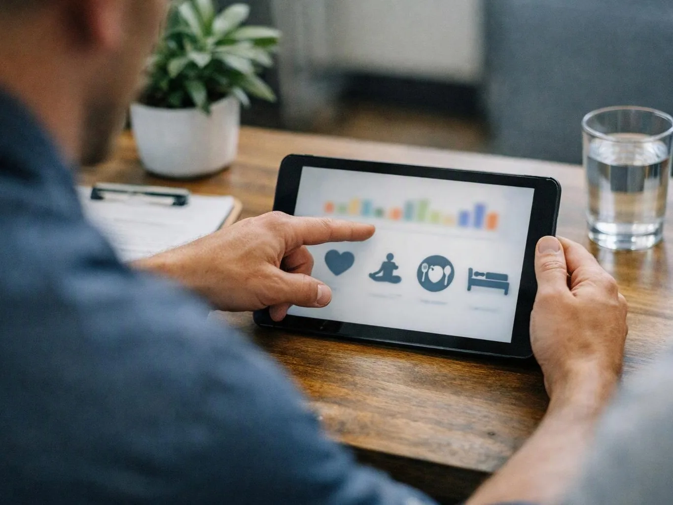 A man points at a tablet showing health icons and a bar chart on a wooden table
