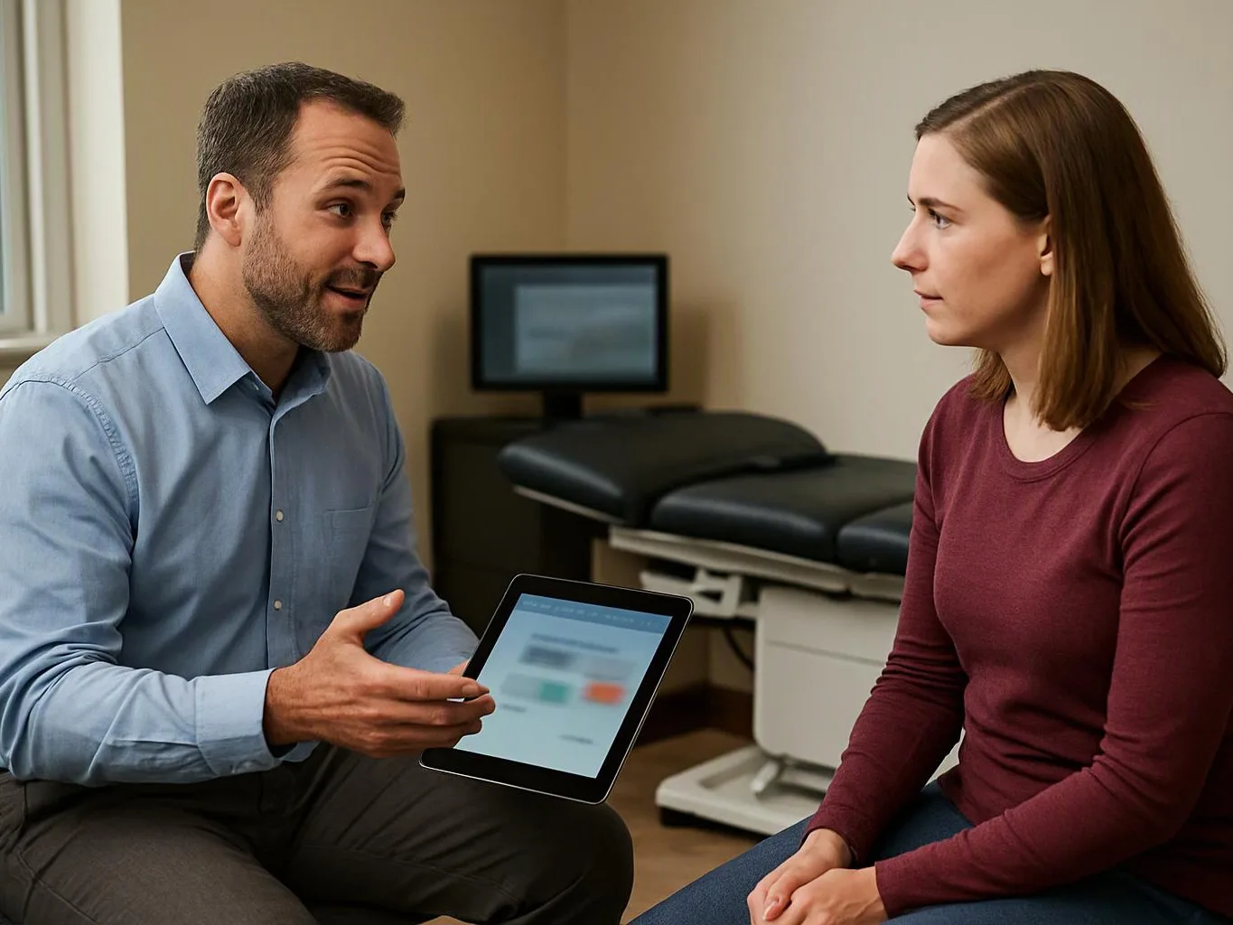 A man shows a tablet to a woman in a medical exam room