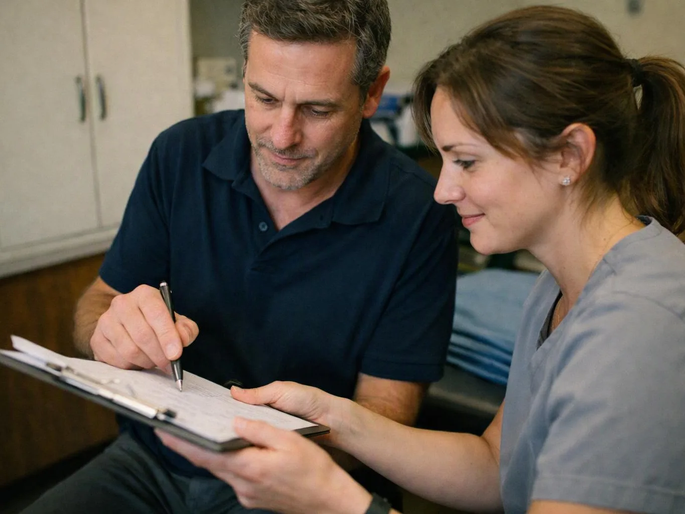 A man signs a clipboard while a woman in scrubs watches in a clinic room