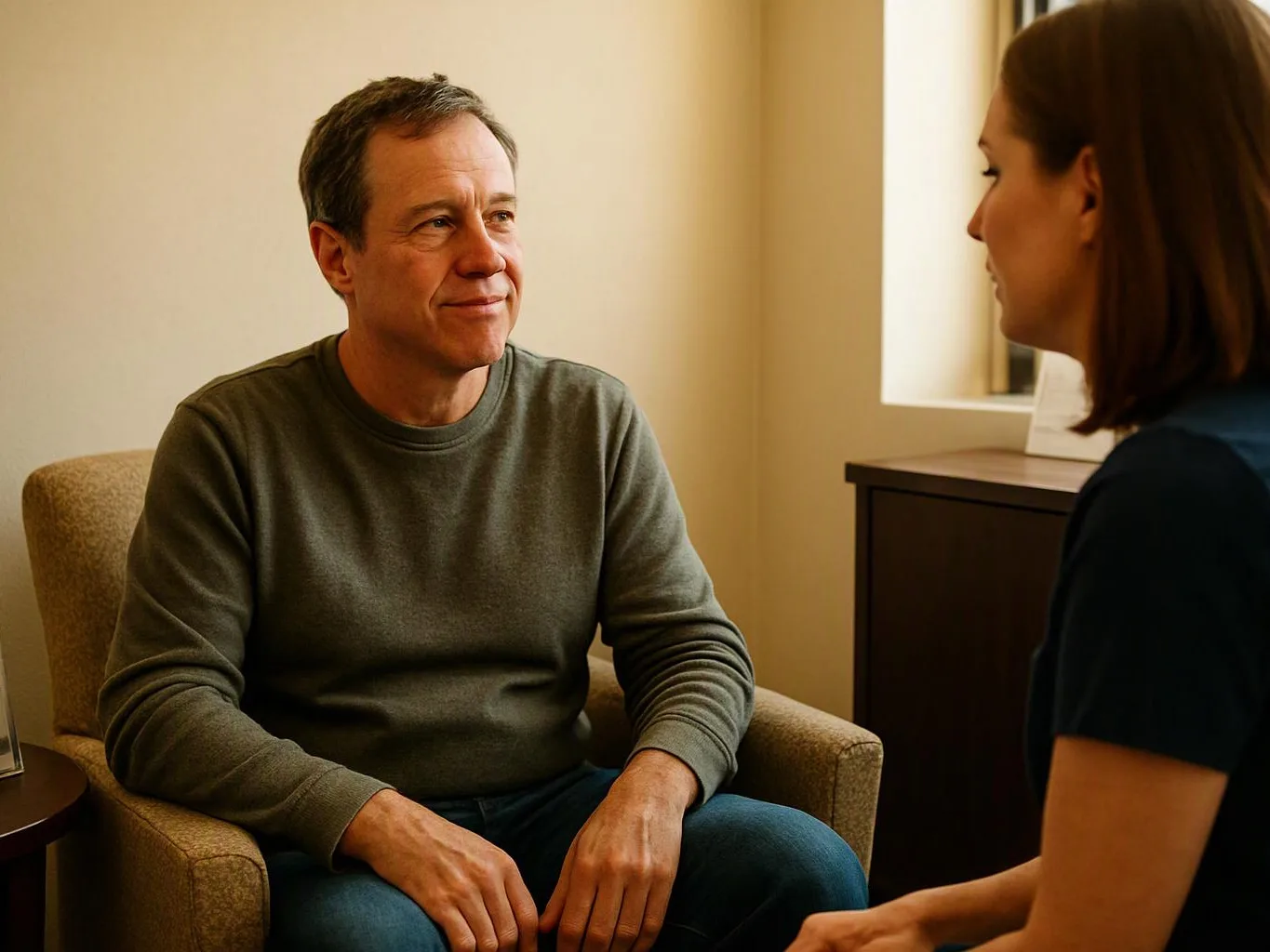 A man sits in an armchair talking with a woman in a quiet room