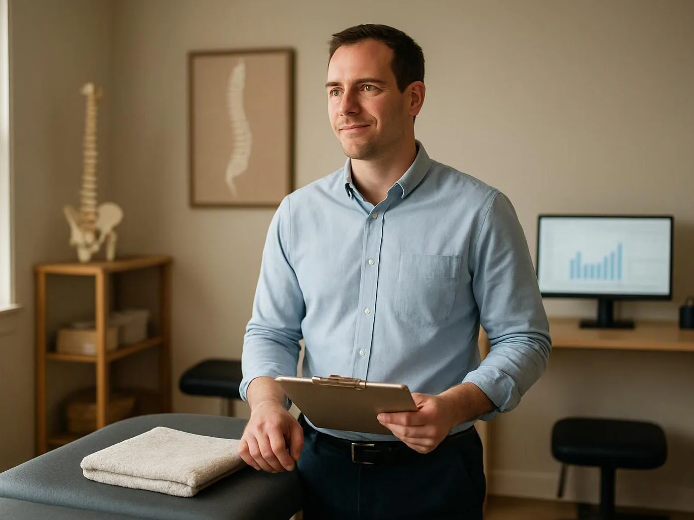 A man stands beside a treatment table in a clinic room, holding a clipboard and looking off to the side