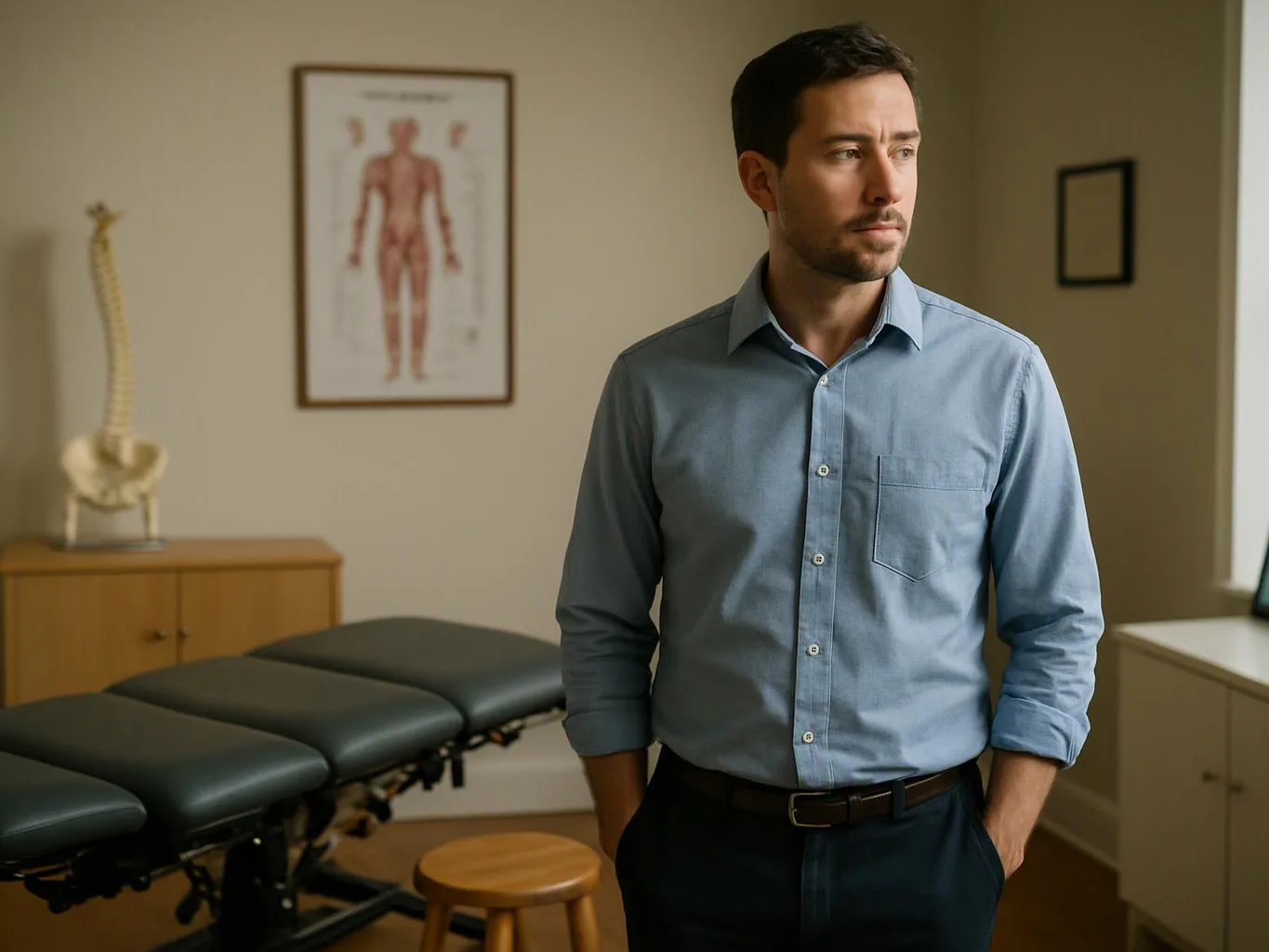 A man stands in a medical exam room beside a treatment table and anatomy poster