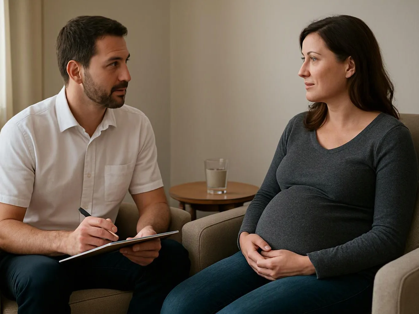A man takes notes while talking with a pregnant woman seated in a quiet room