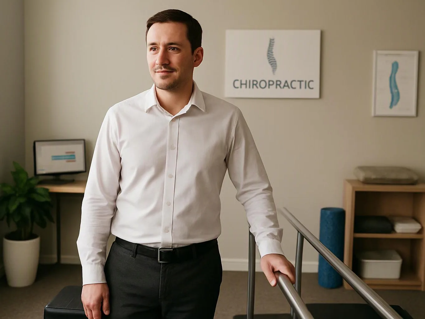 A man in a white shirt stands by metal rails in a chiropractic office with treatment equipment and wall art